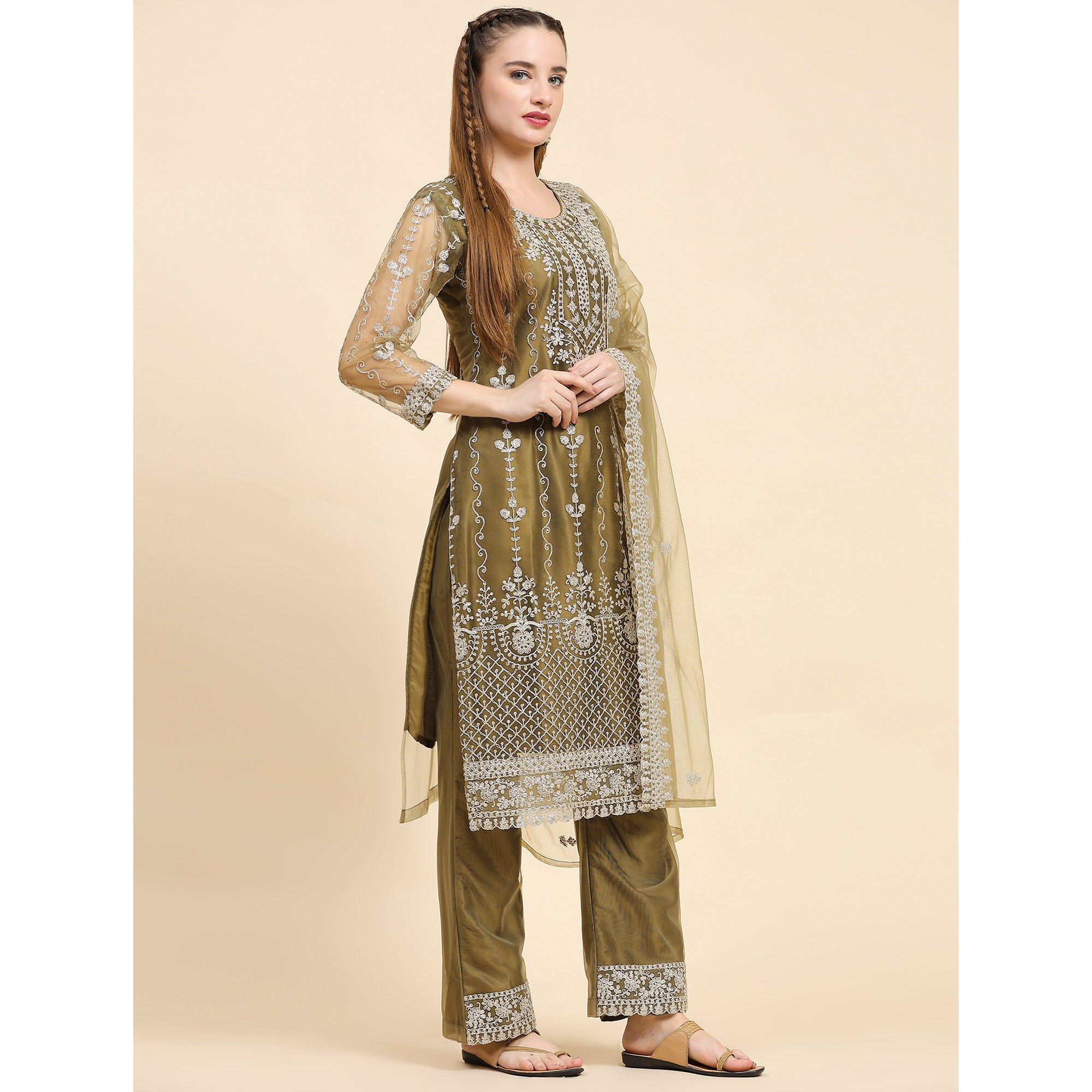 Mehndi Green Sequins Embroidered Net Semi Stitched Pakistani Suit