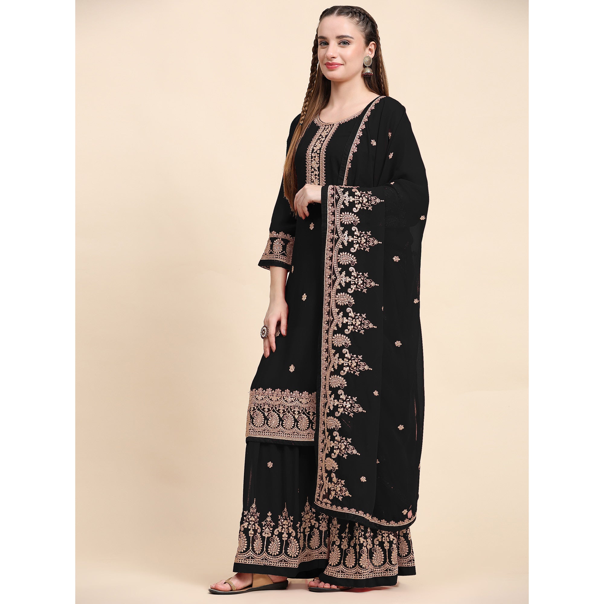 Black Floral Embroidered Georgette Semi Stitched Suit
