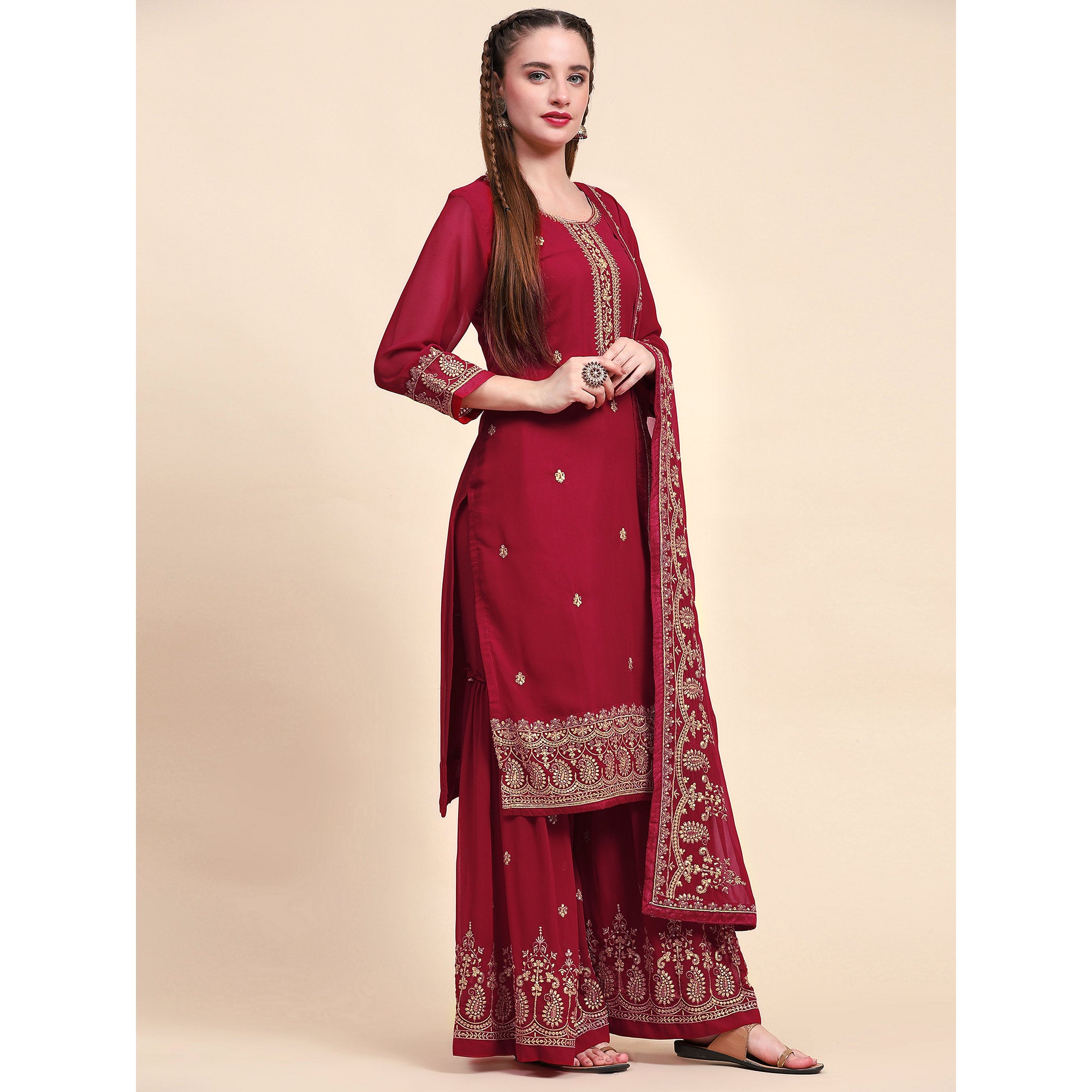 Maroon Floral Embroidered Georgette Semi Stitched Suit