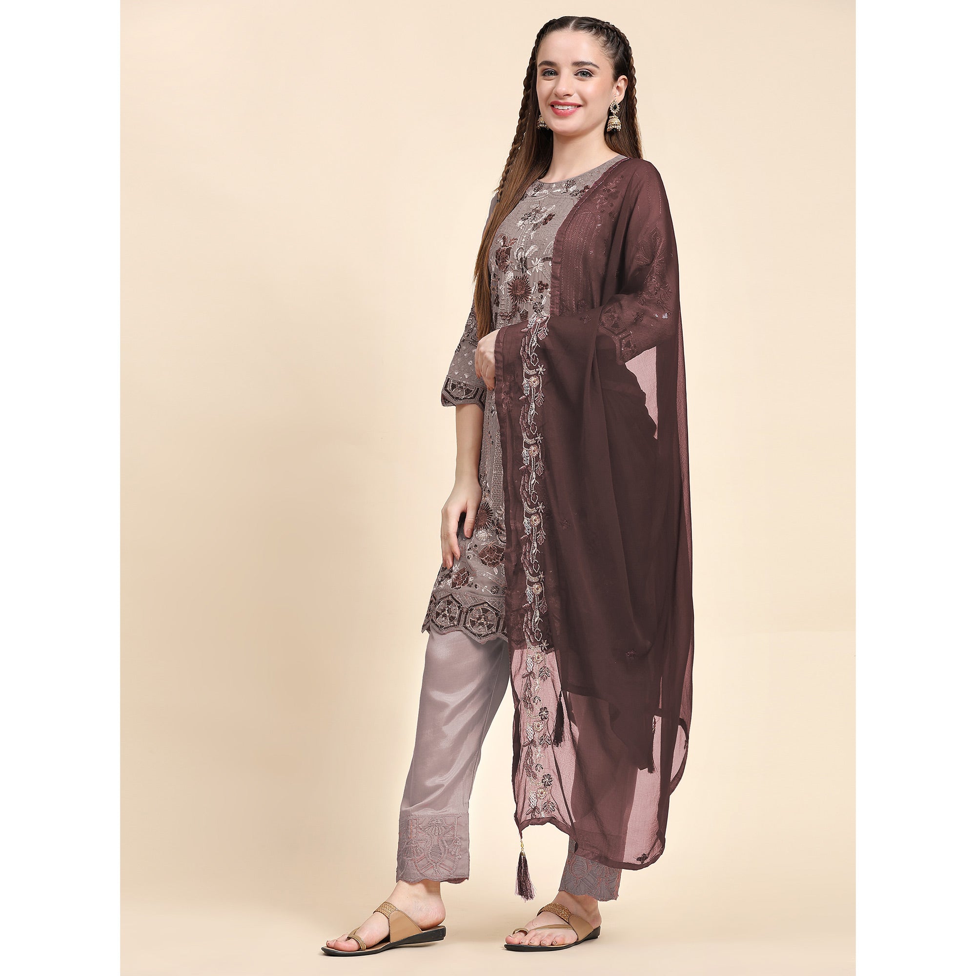 Brown Floral Embroidered Georgette Semi Stitched Pakistani Suit