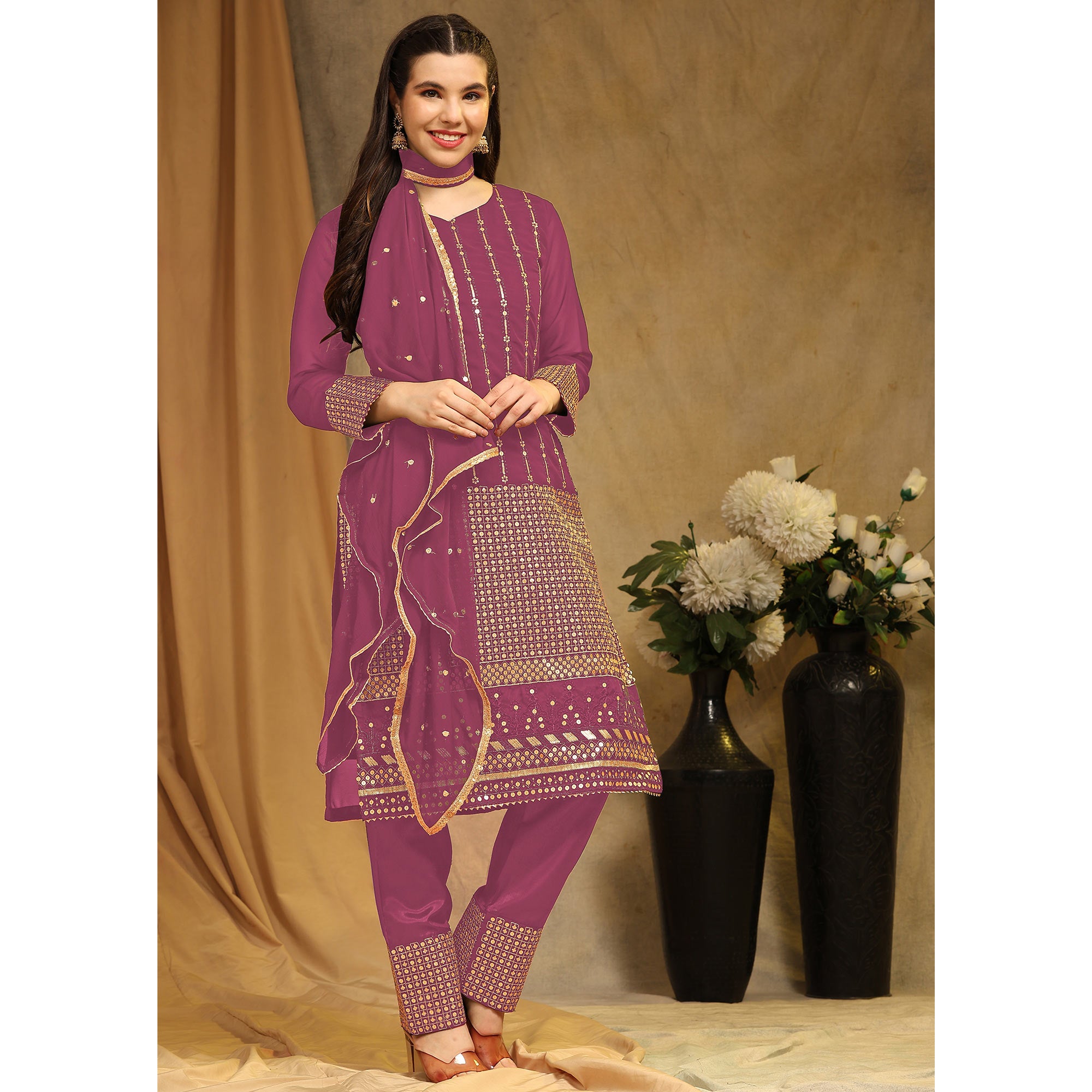 Pink Sequins Embroidered Georgette Semi Stitched Salwar Suit