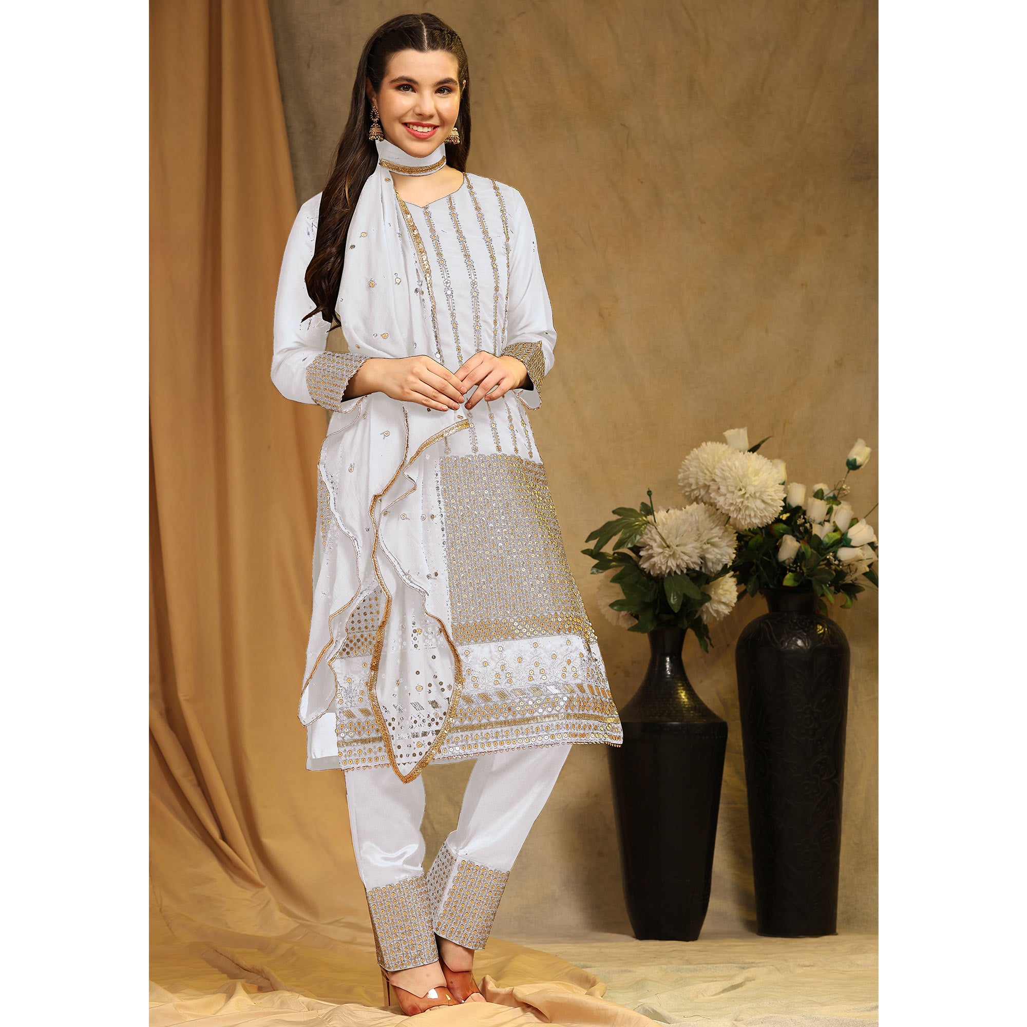 White Sequins Embroidered Georgette Semi Stitched Salwar Suit