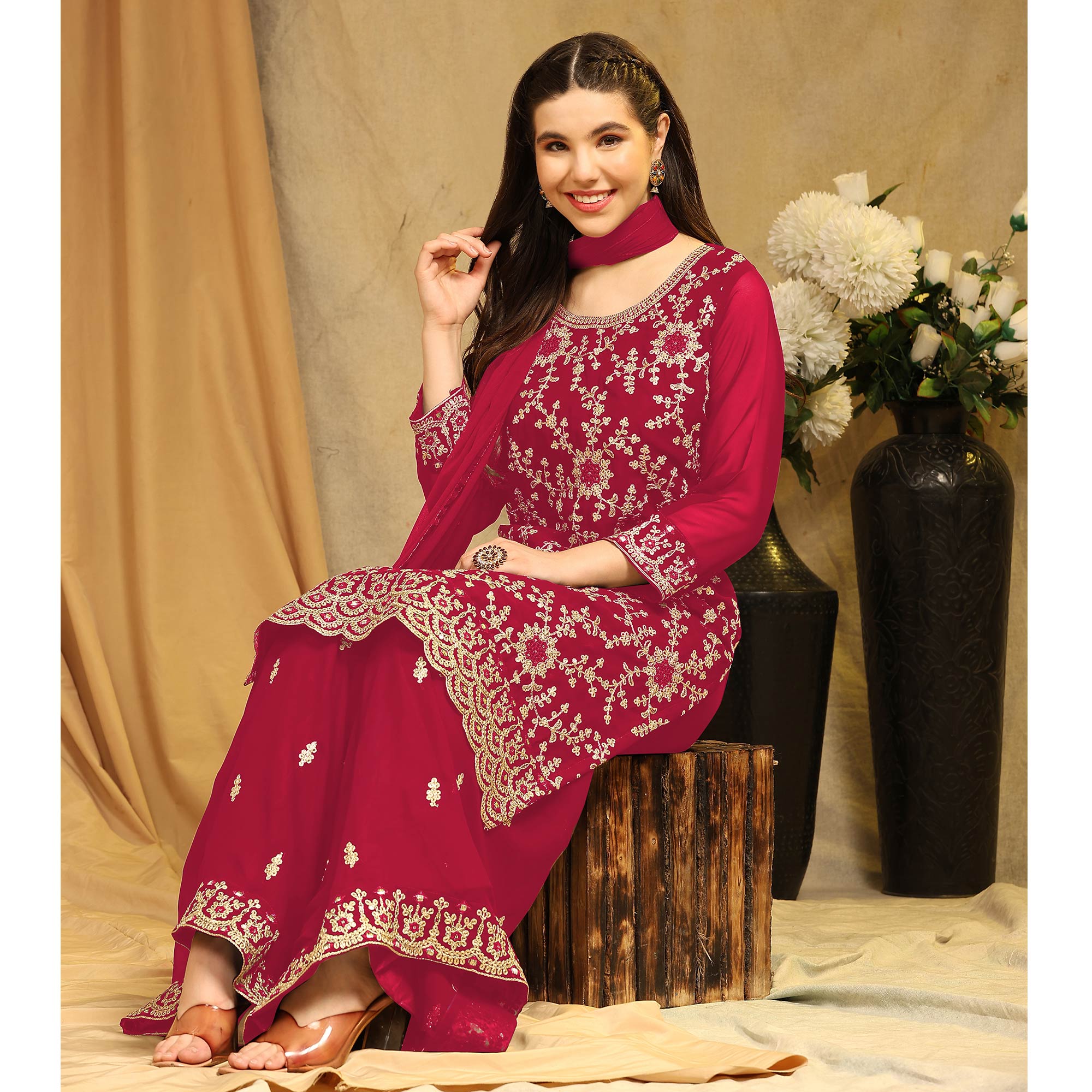 Pink Floral Embroidered Georgette Semi Stitched Suit