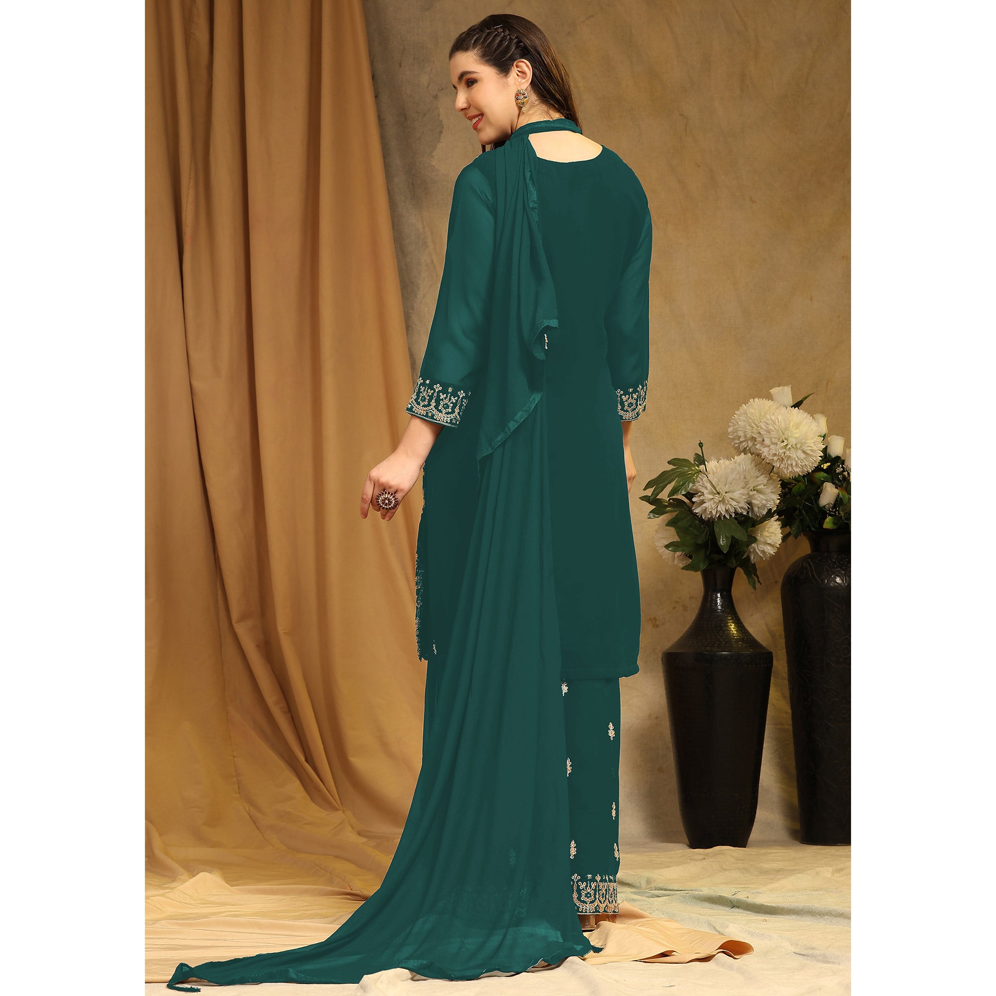 Green Floral Embroidered Georgette Semi Stitched Suit