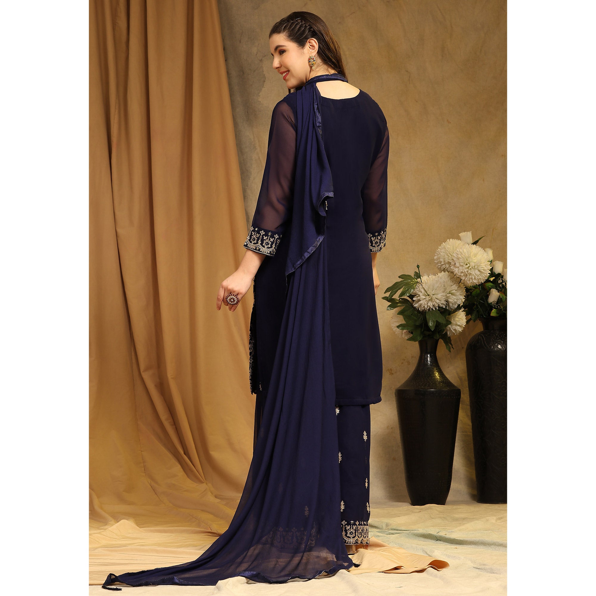 Blue Floral Embroidered Georgette Semi Stitched Suit