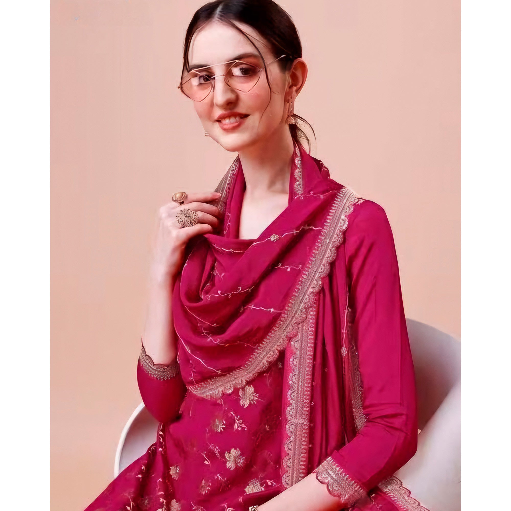 Rani Pink Floral Zari Woven Chinon Semi Stitched Dress Material