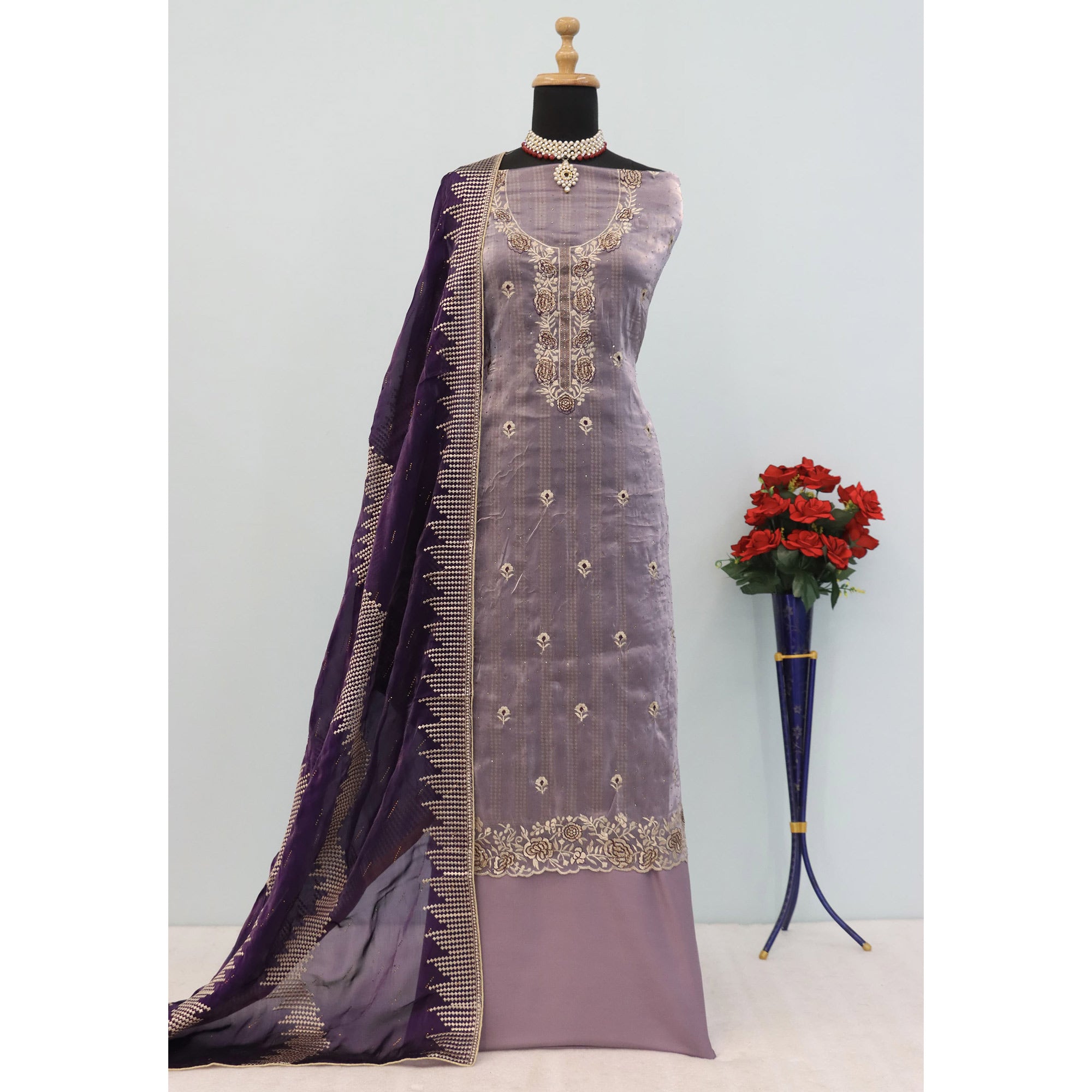 Purple Floral Embroidery With Swarovski Work Jimmy Choo Tissue Semi Stitched Suit