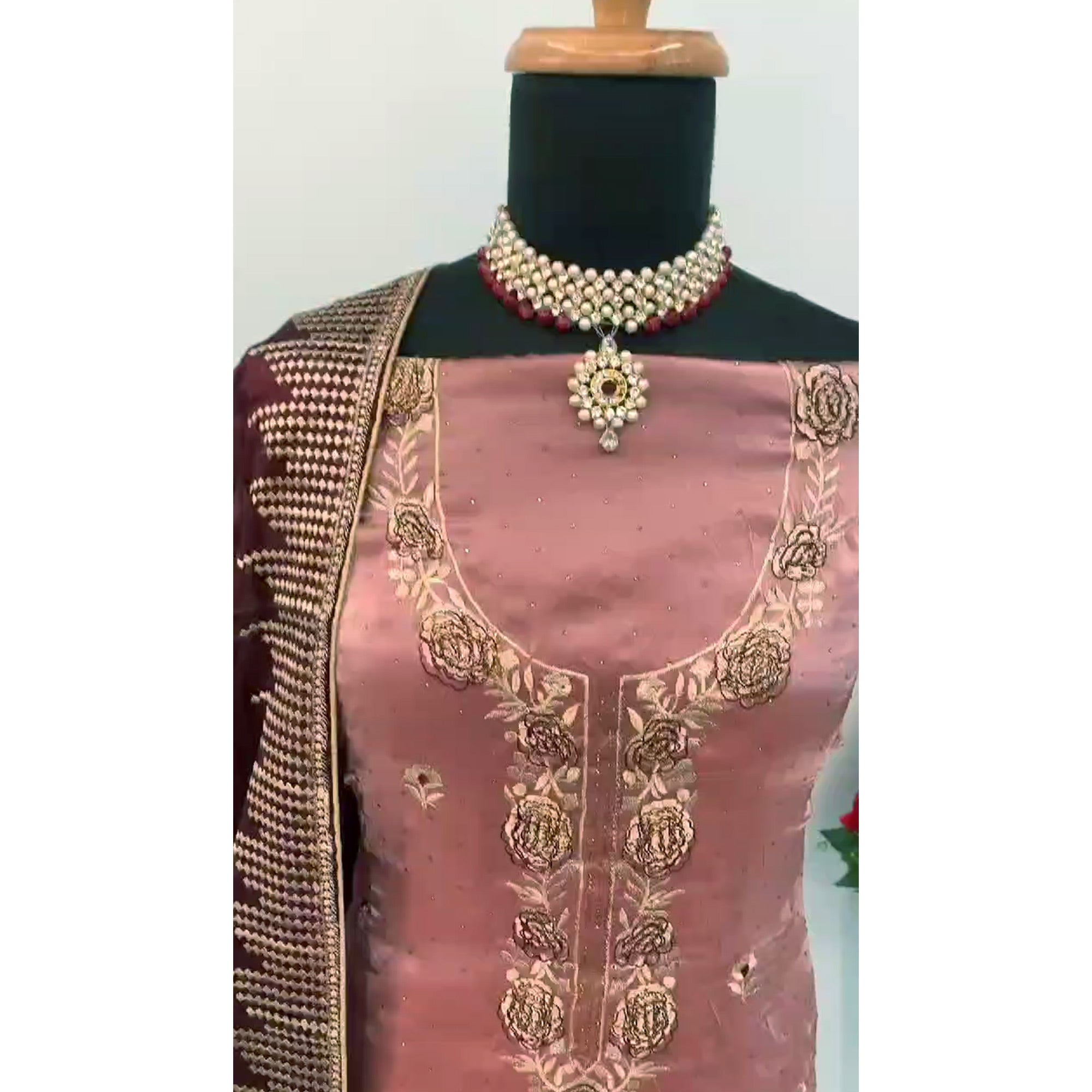 Dusty Rose Pink Floral Embroidery With Swarovski Work Jimmy Choo Tissue Semi Stitched Suit