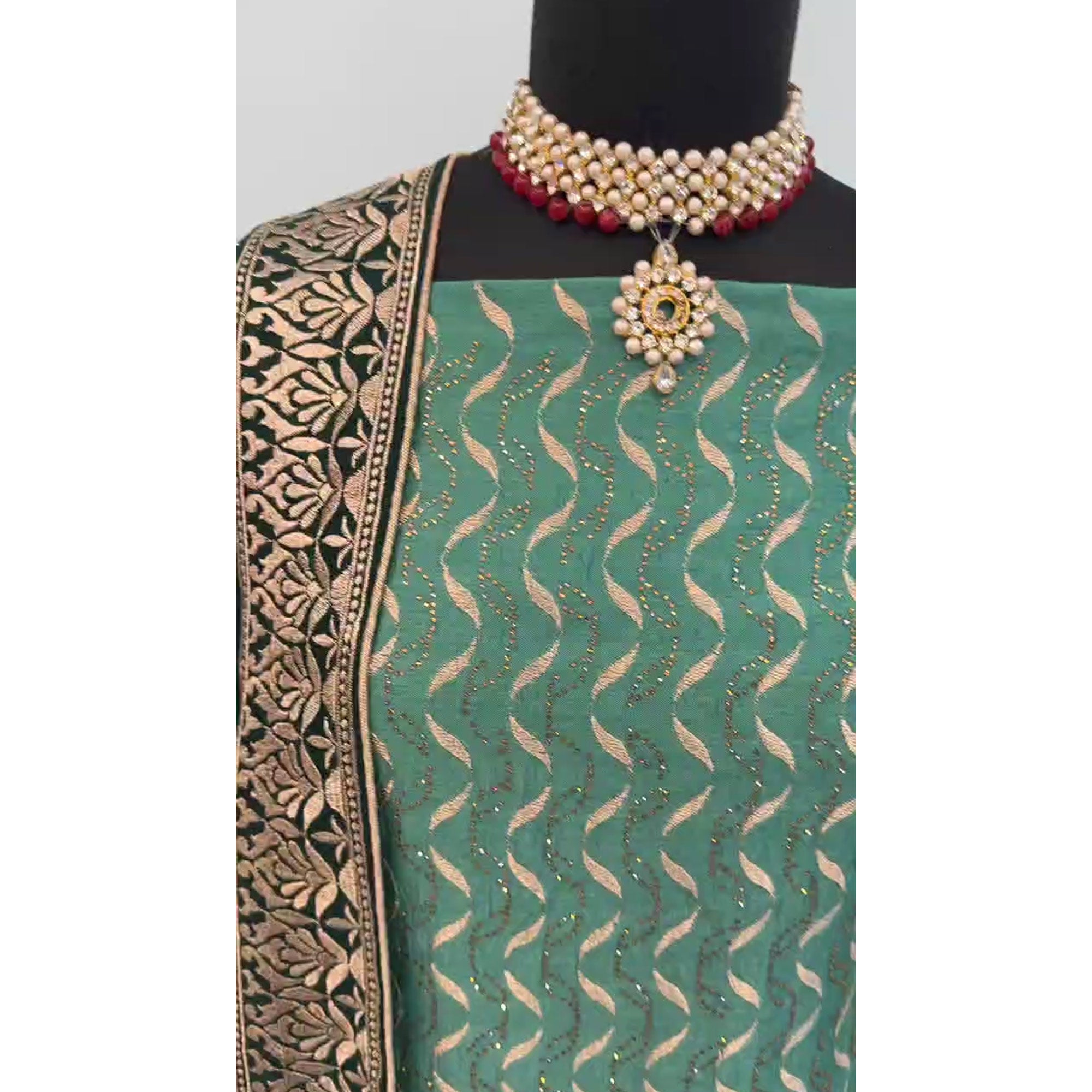 Green Embroidery With Swarovski Work Vichitra Silk Semi Stitched Suit