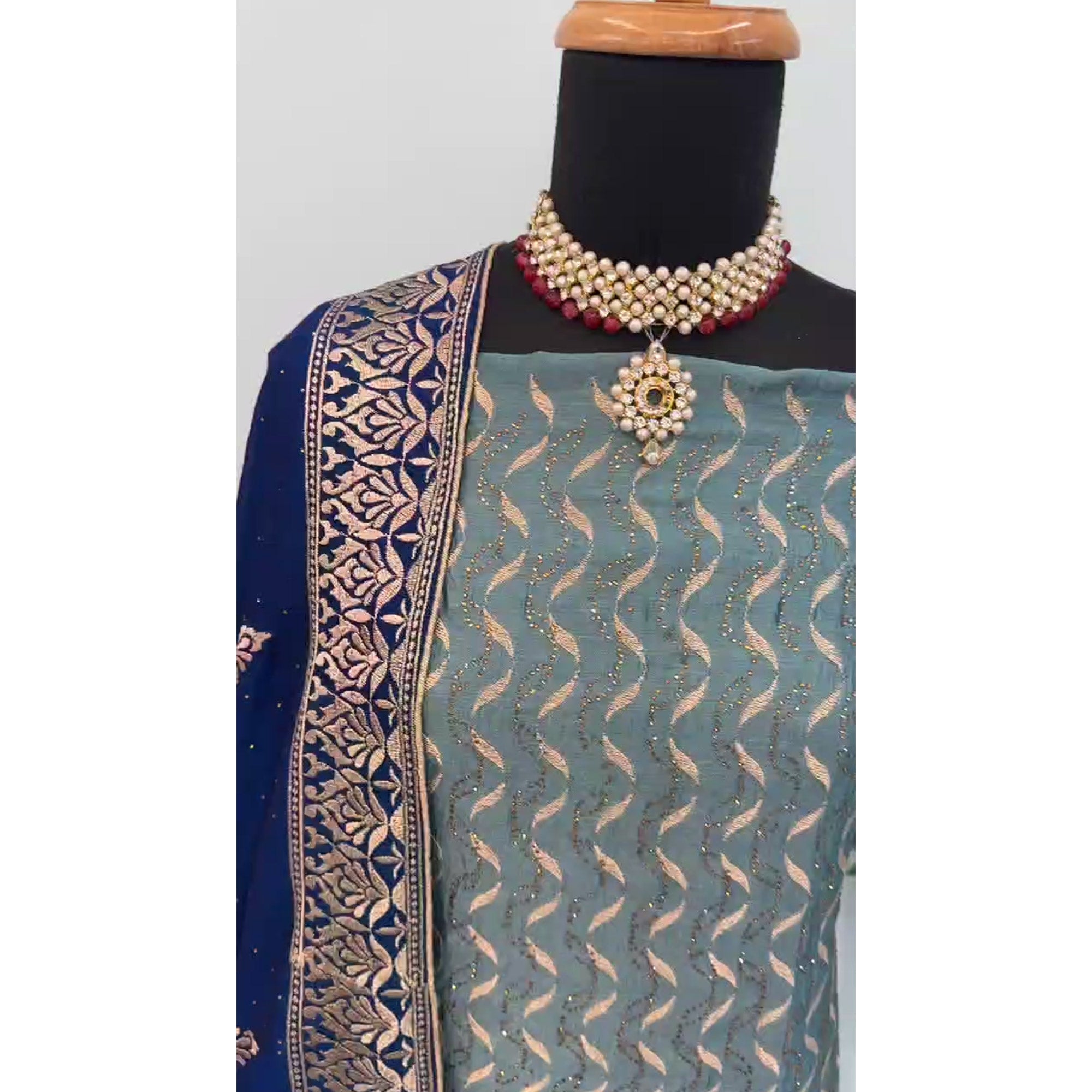 Blue Embroidery With Swarovski Work Vichitra Silk Semi Stitched Suit