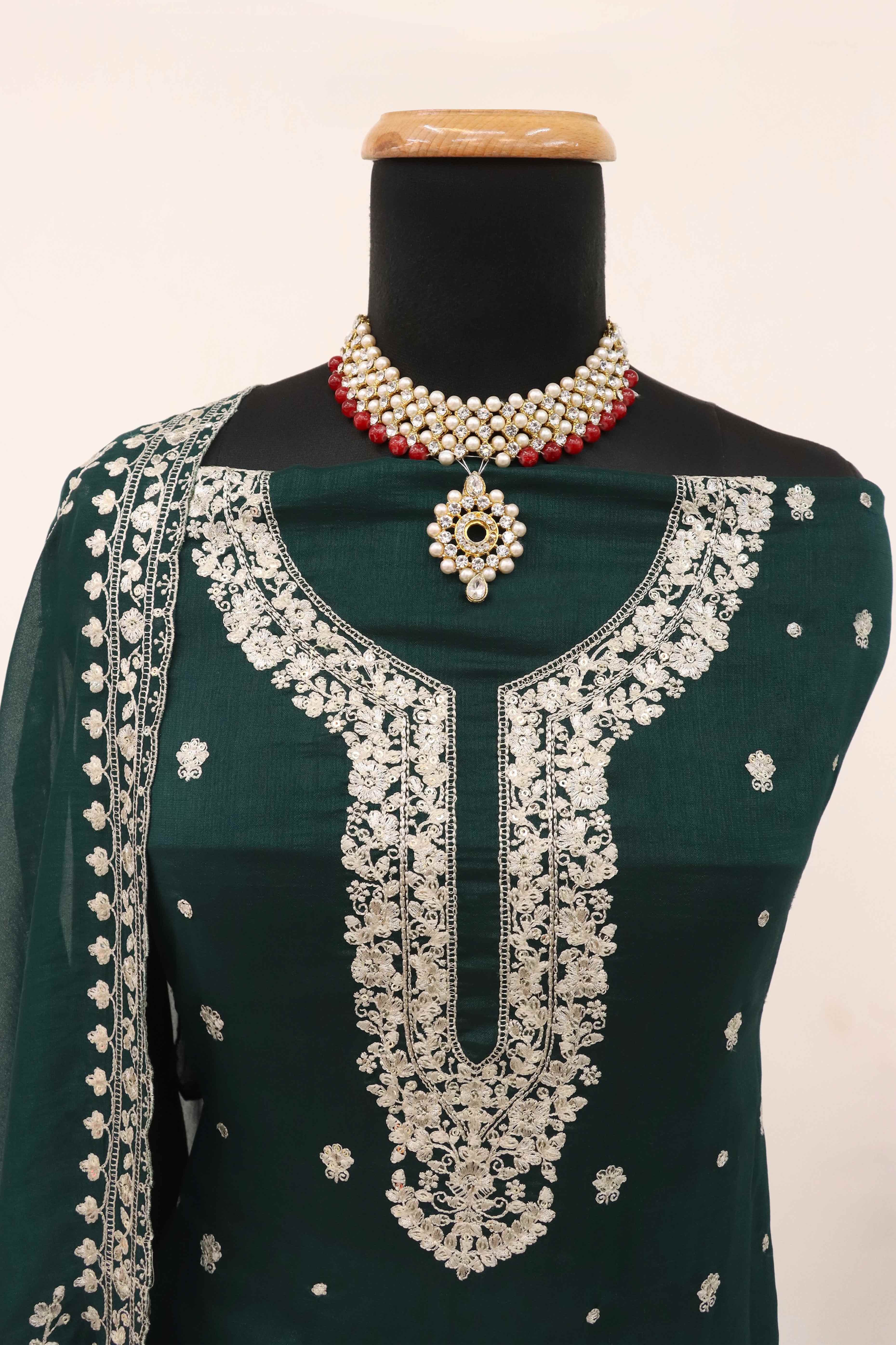 Green Floral Sequins Embroidered Satin Silk Semi Stitched Suit