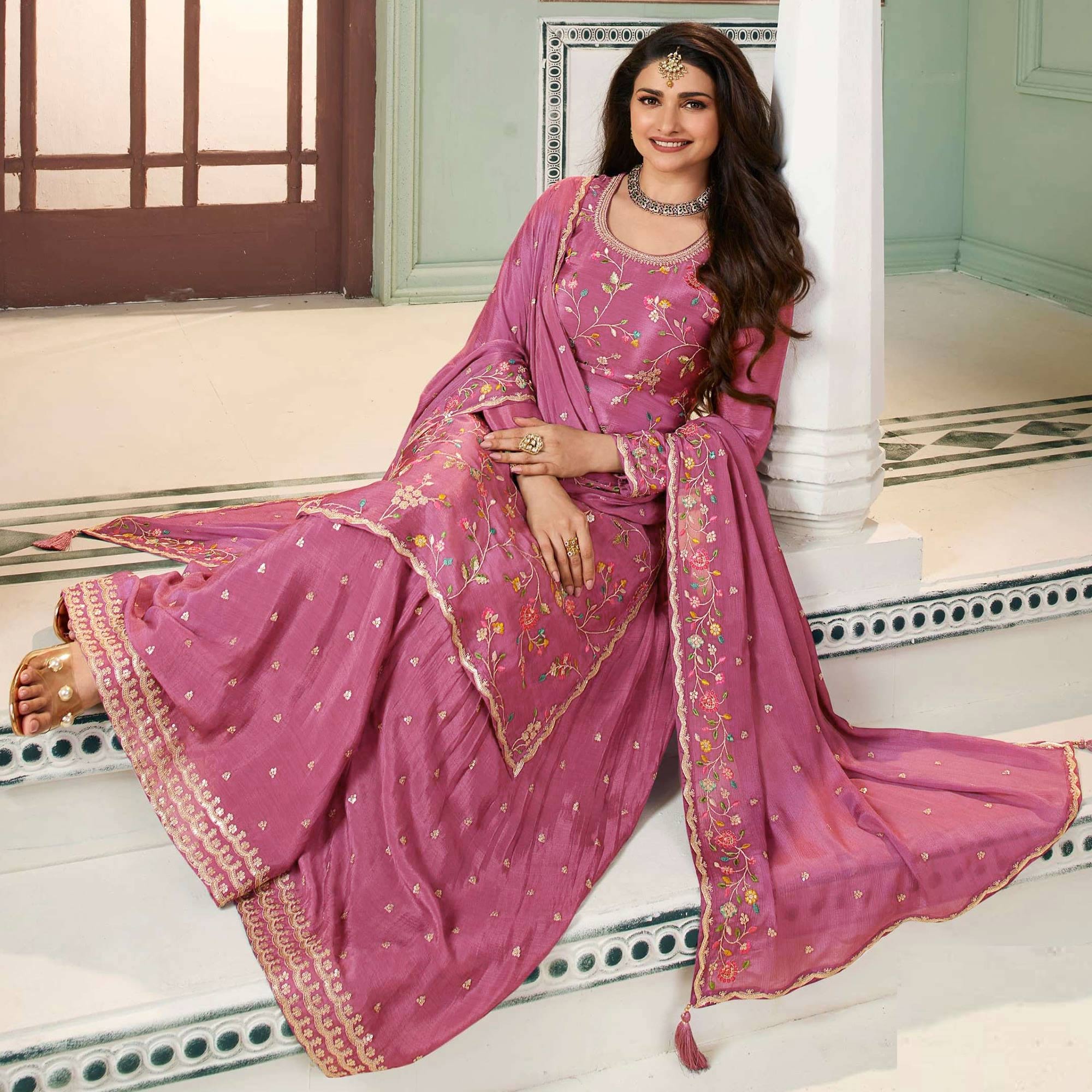 Dark Mauve Floral Embroidered Chinon Sharara Salwar Suit