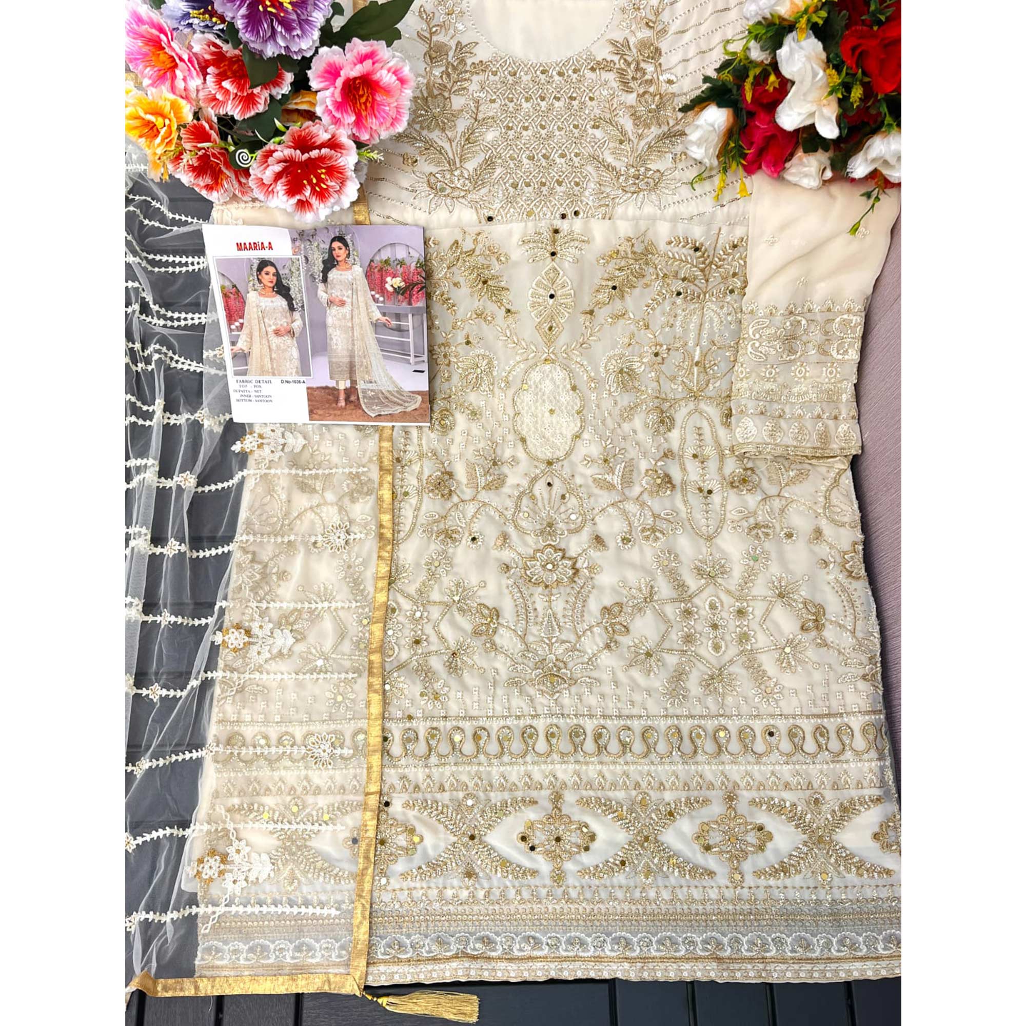 Cream Embroidered Georgette Semi Stitched Pakistani Suit