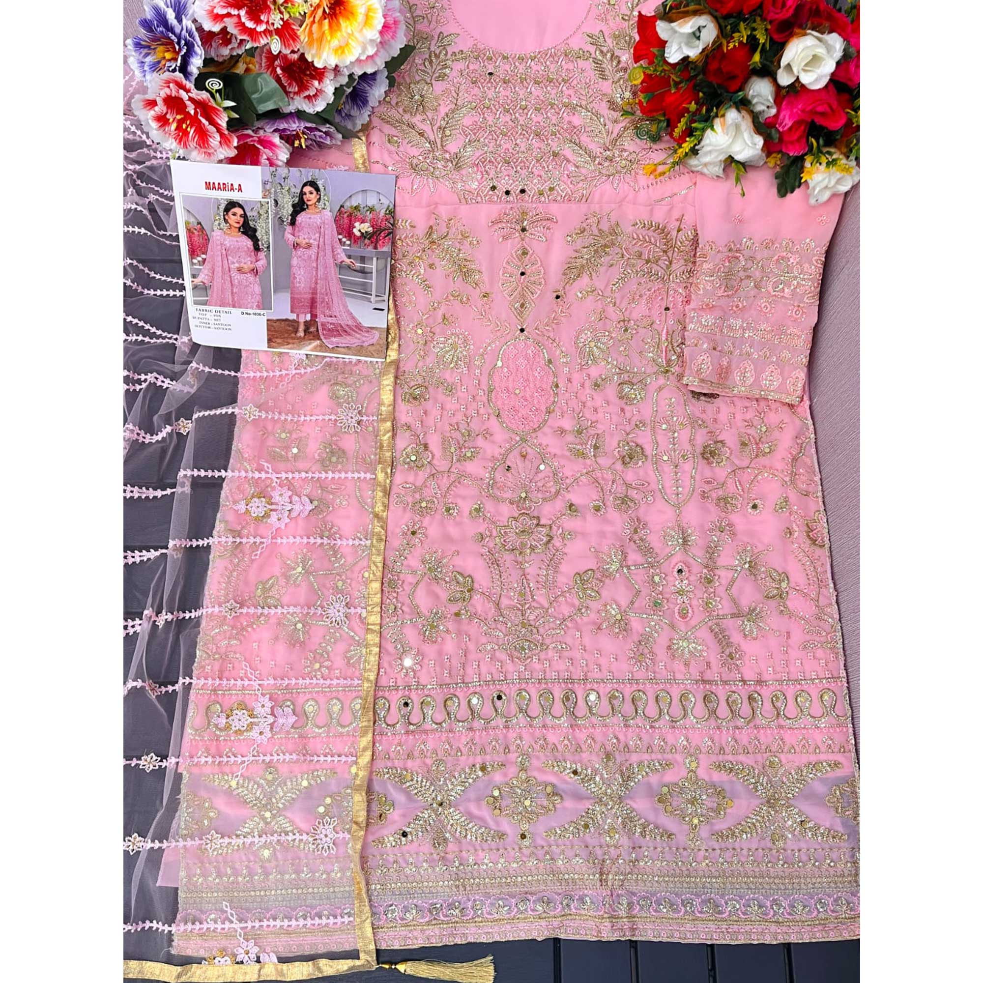Pink Embroidered Georgette Semi Stitched Pakistani Suit