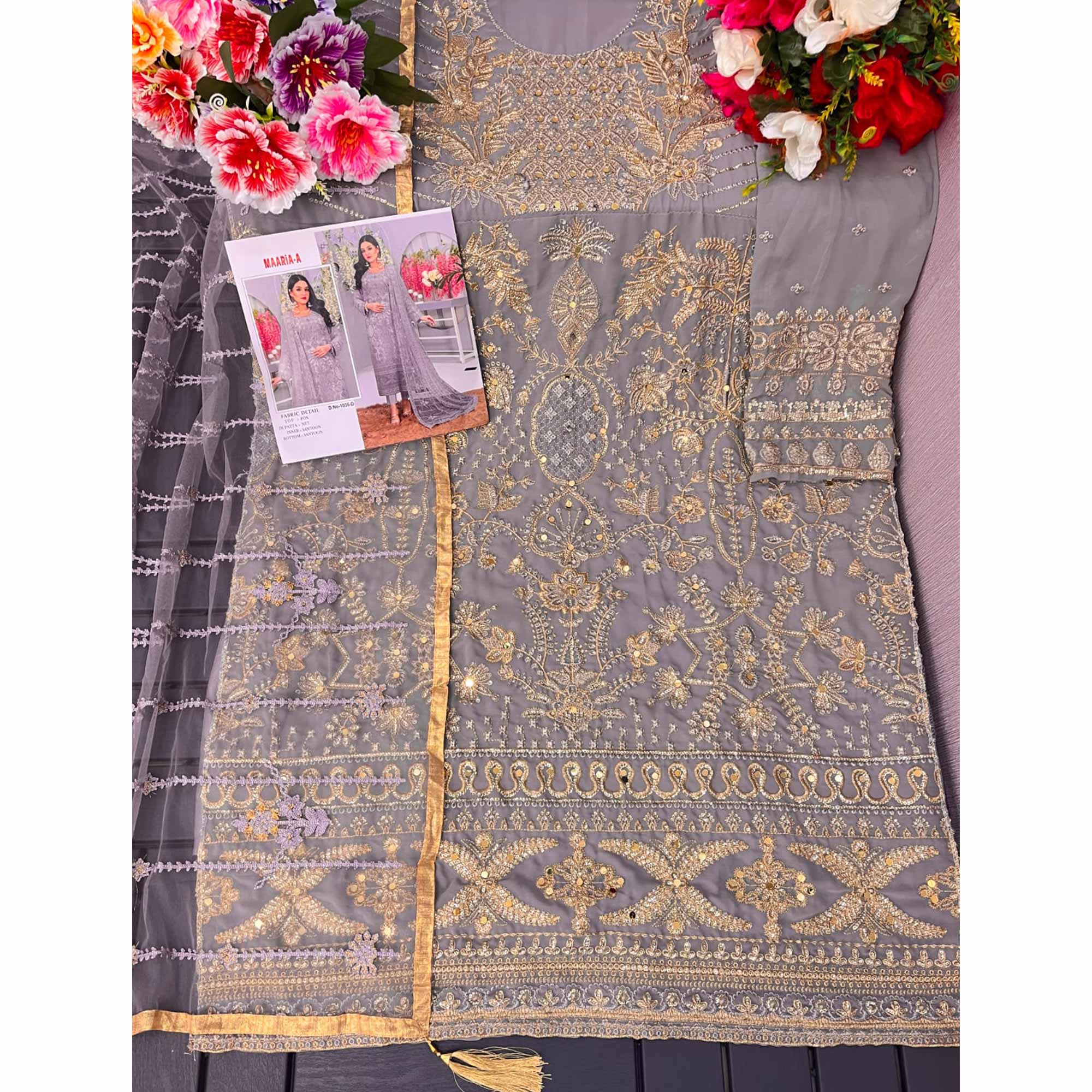 Grey Embroidered Georgette Semi Stitched Pakistani Suit