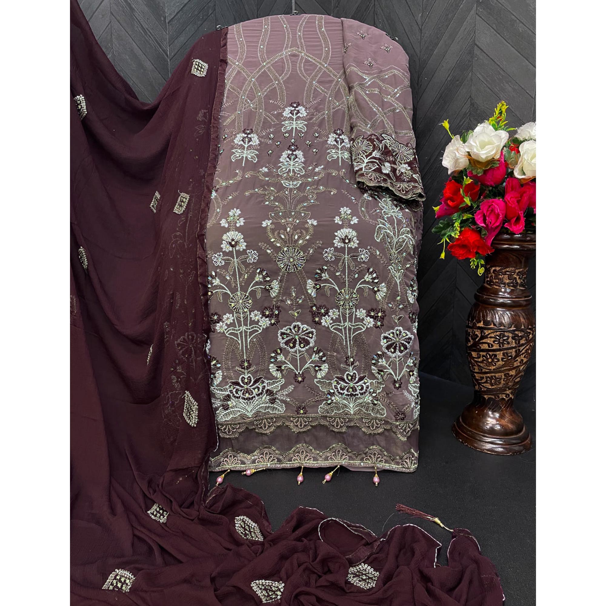 Mauve Embroidered Georgette Semi Stitched Pakistani Suit
