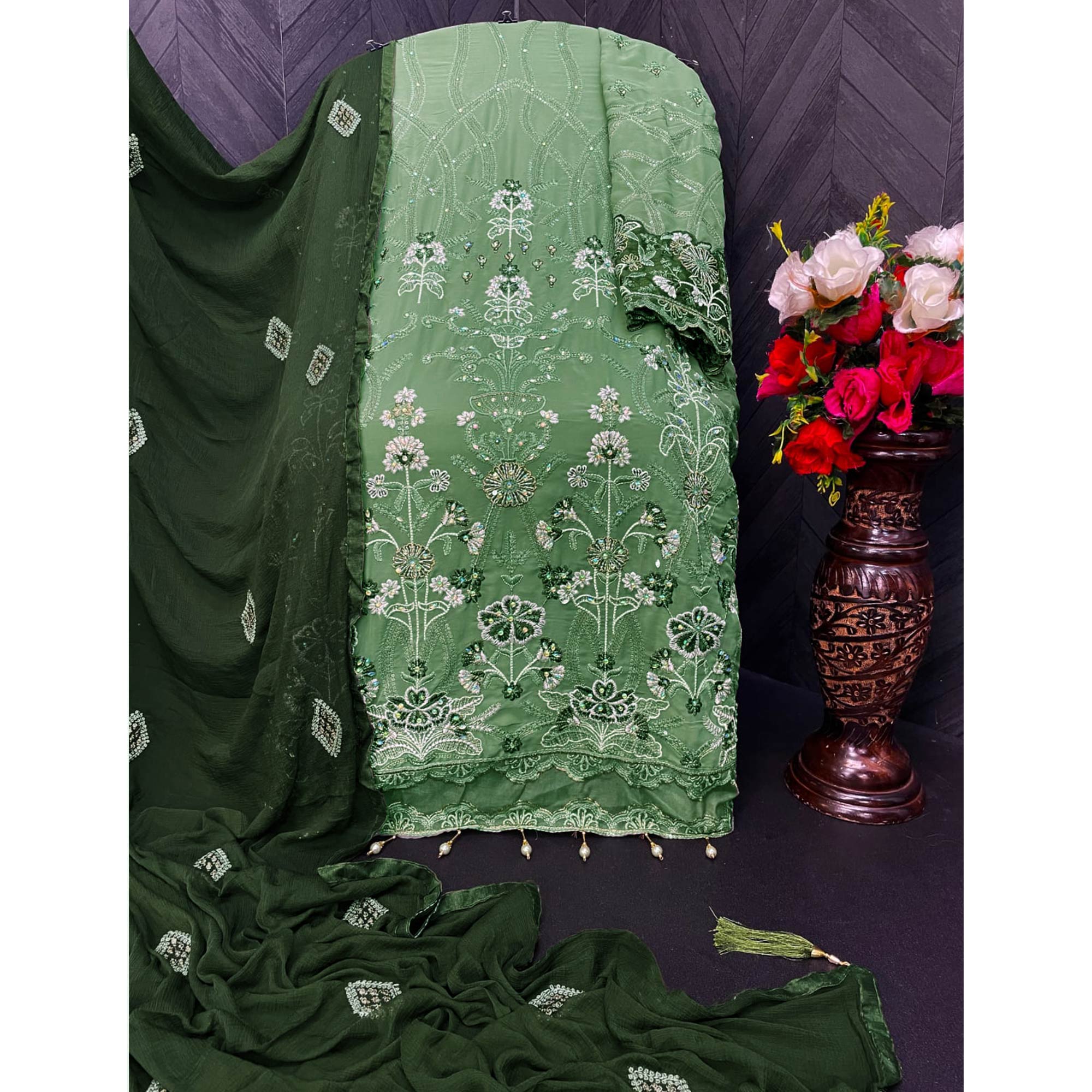 Green Embroidered Georgette Semi Stitched Pakistani Suit