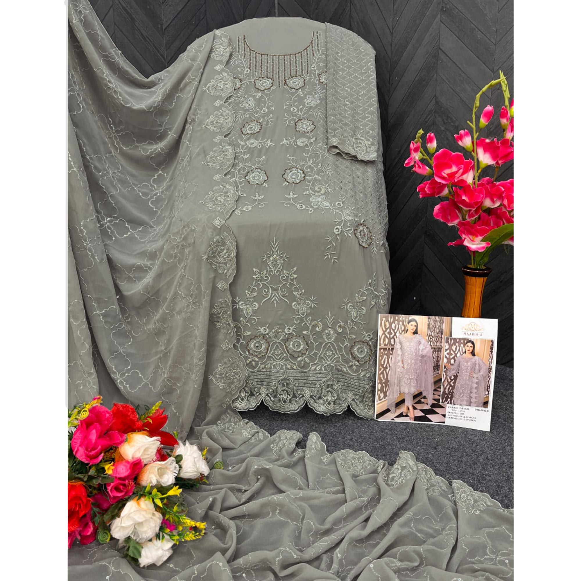 Grey Floral Embroidered Georgette Semi Stitched Pakistani Suit