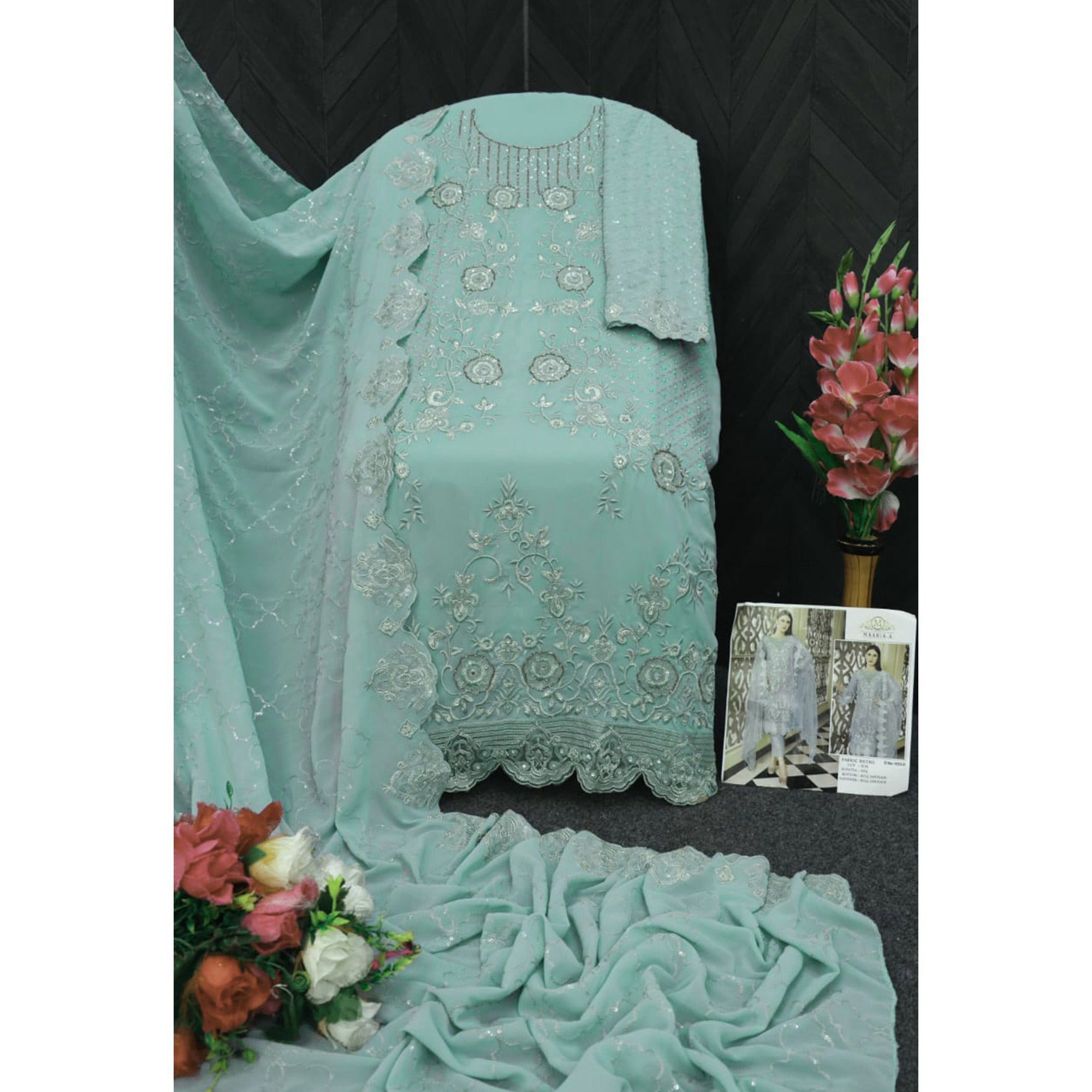Light Turquoise Floral Embroidered Georgette Semi Stitched Pakistani Suit