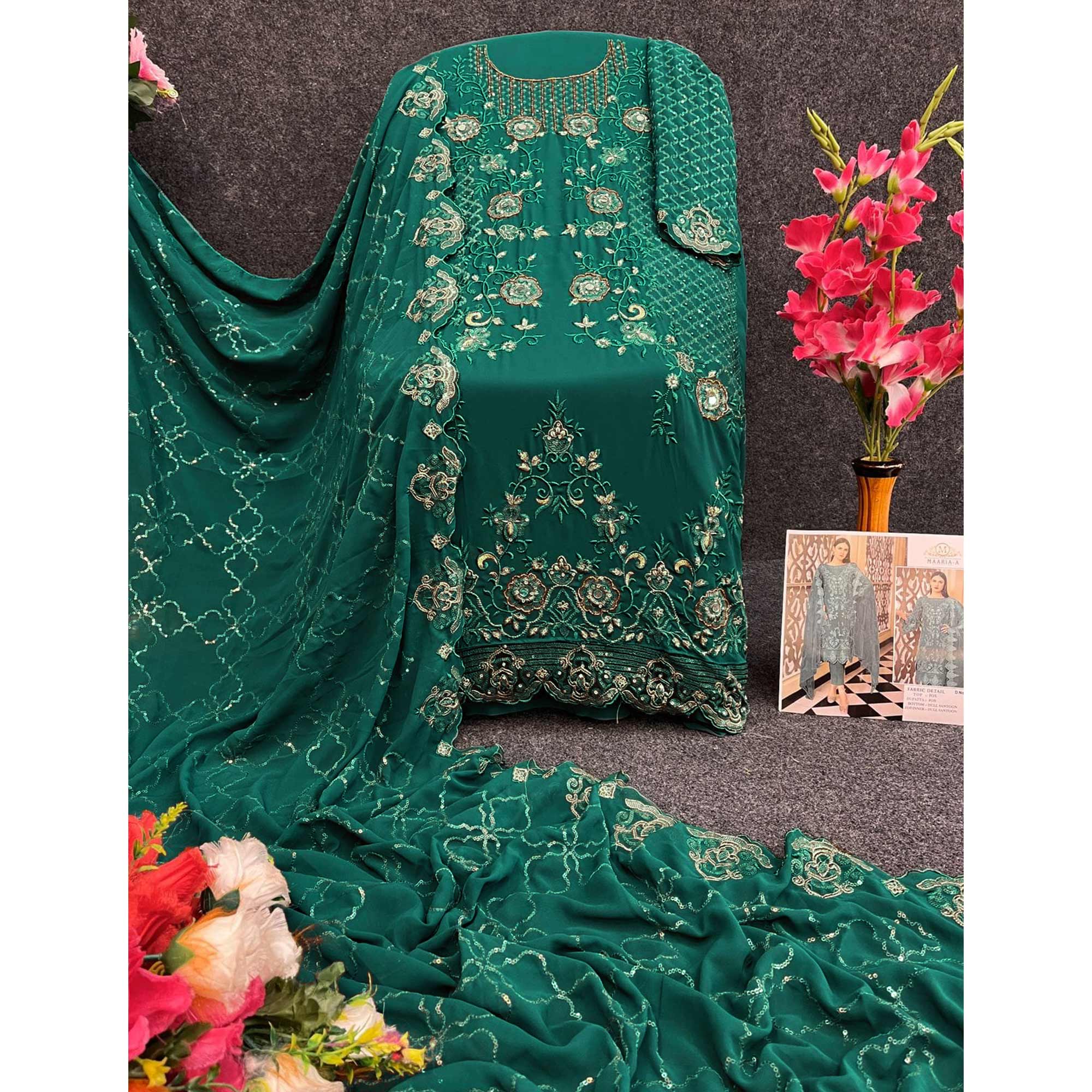 Teal Floral Embroidered Georgette Semi Stitched Pakistani Suit