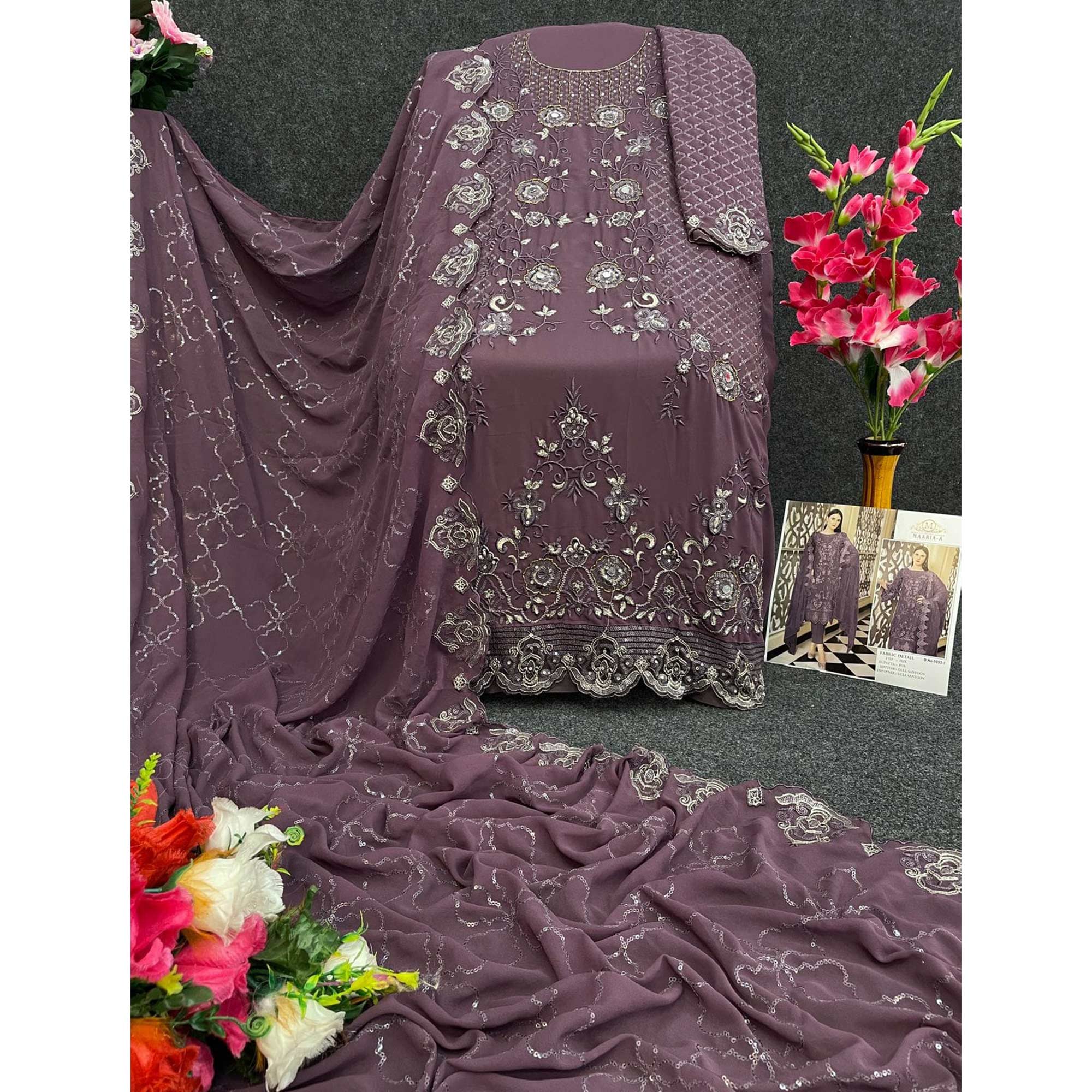 Light Mauve Floral Embroidered Georgette Semi Stitched Pakistani Suit