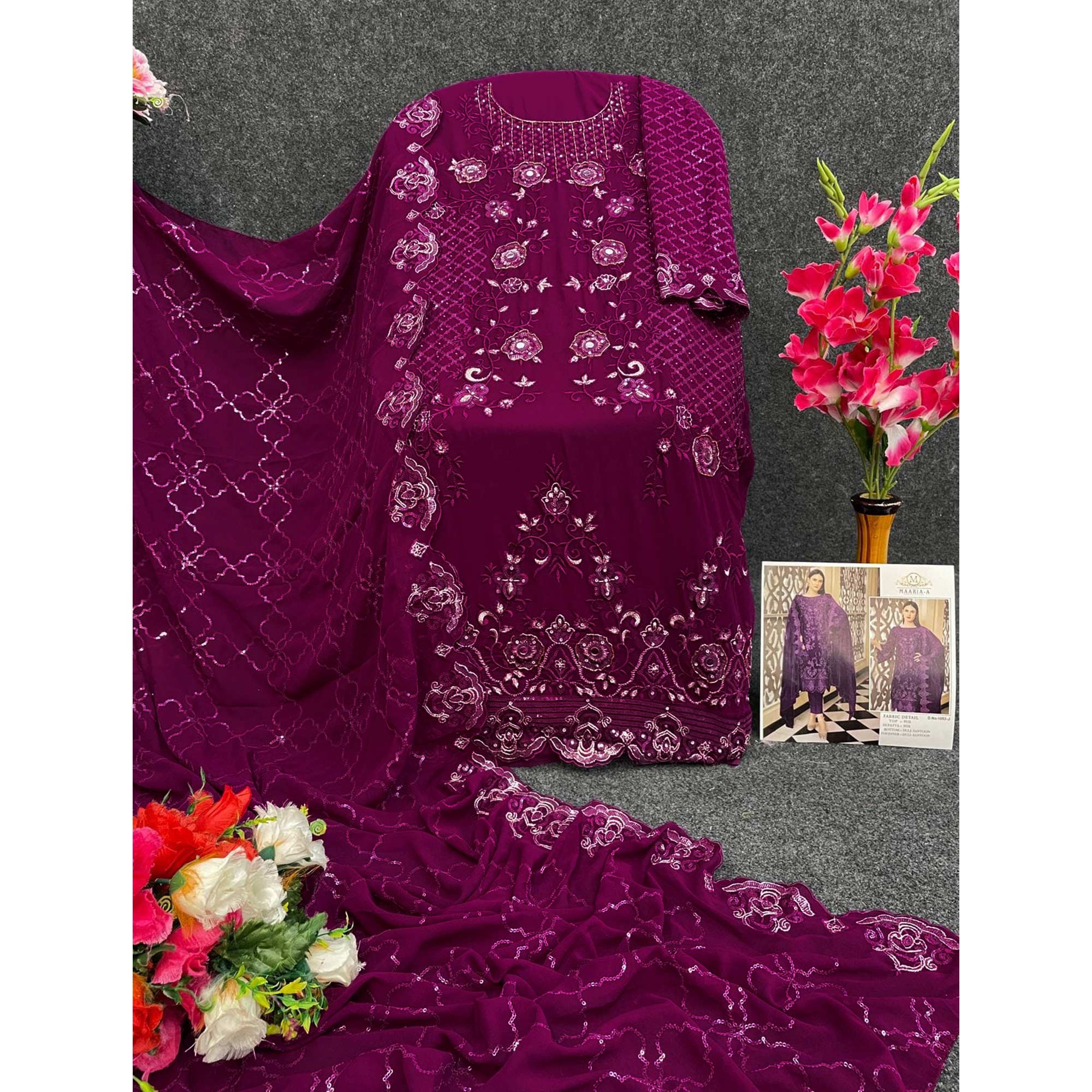 Wine Floral Embroidered Georgette Semi Stitched Pakistani Suit