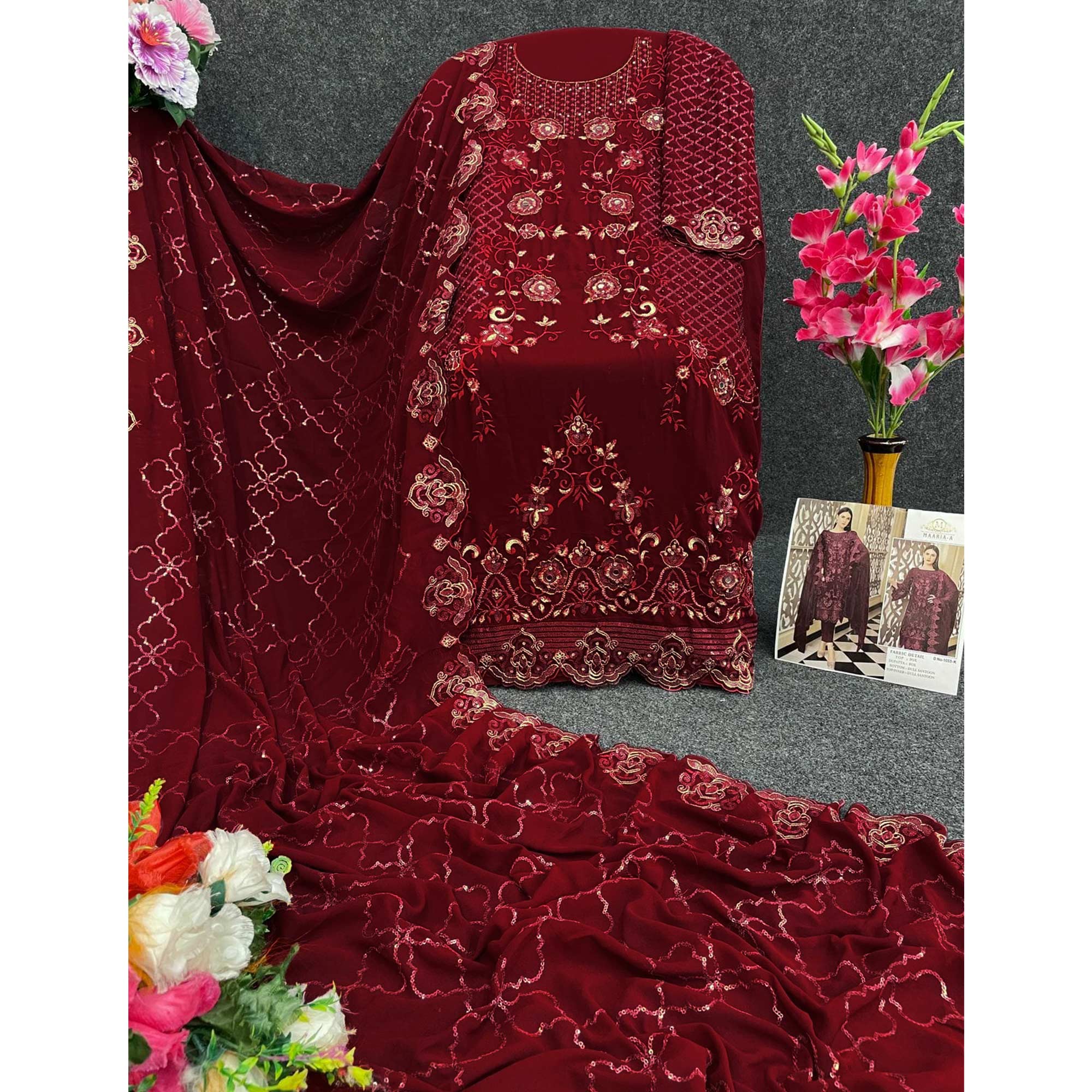 Maroon Floral Embroidered Georgette Semi Stitched Pakistani Suit