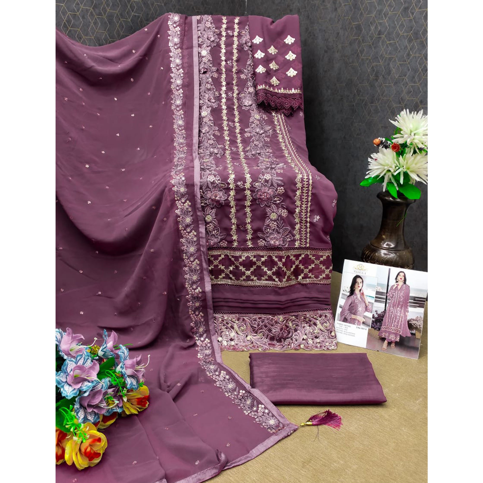 Dark Mauve Floral Embroidered Georgette Semi Stitched Pakistani Suit