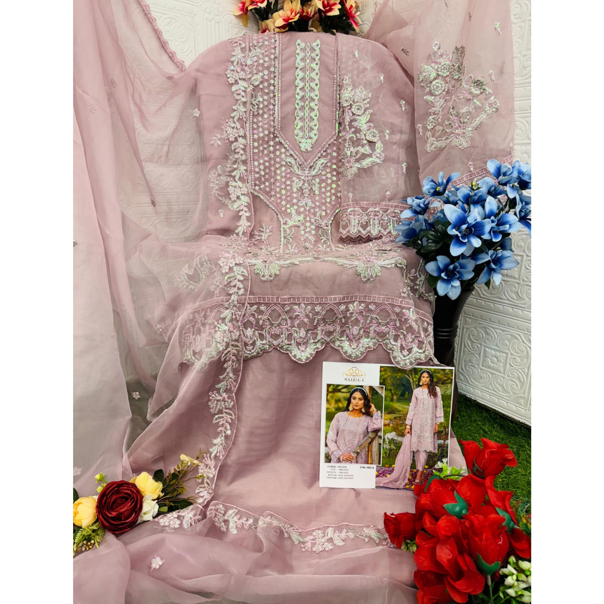 Lilac Purple Floral Embroidered Organza Semi Stitched Pakistani Suit
