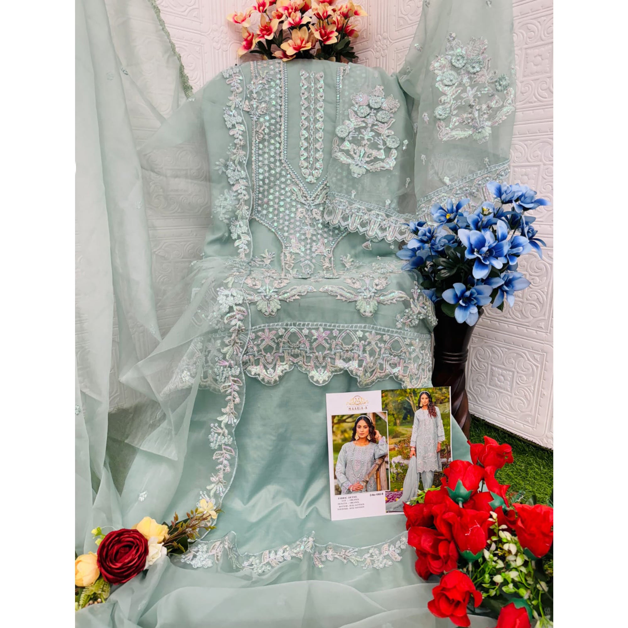 Light Turquoise Floral Embroidered Organza Semi Stitched Pakistani Suit