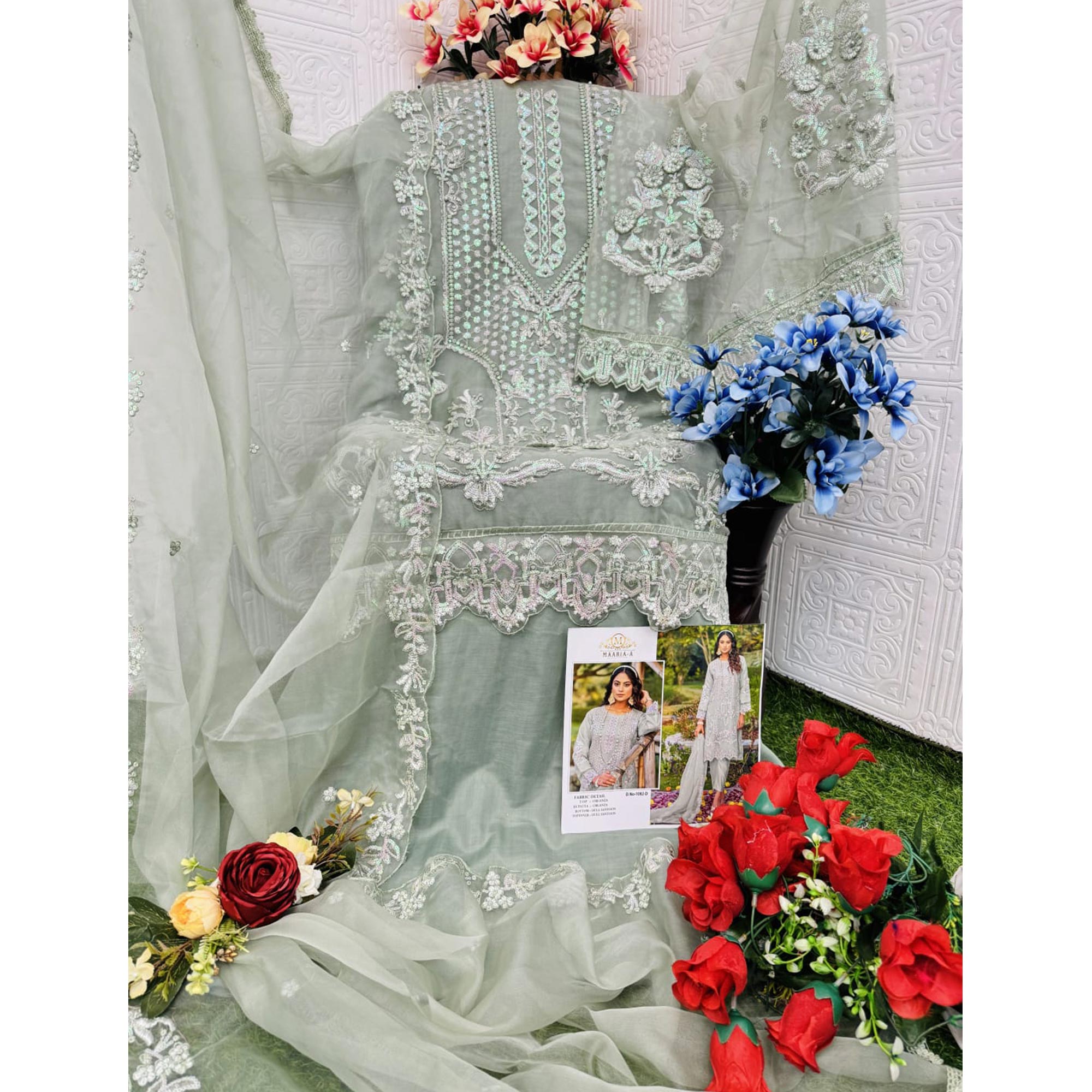 Green Floral Embroidered Organza Semi Stitched Pakistani Suit