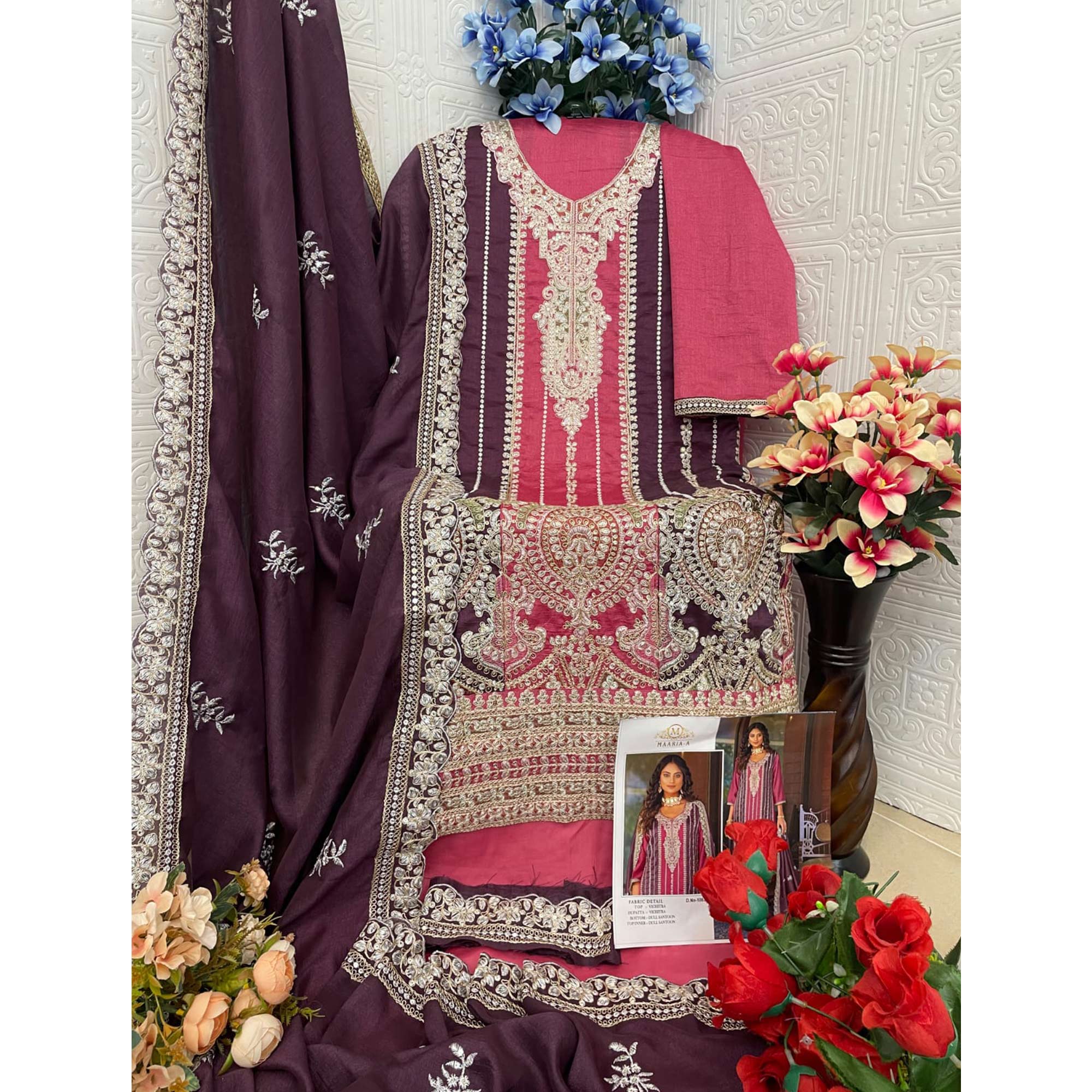 Pink Floral Embroidered Vichitra Silk Semi Stitched Pakistani Suit