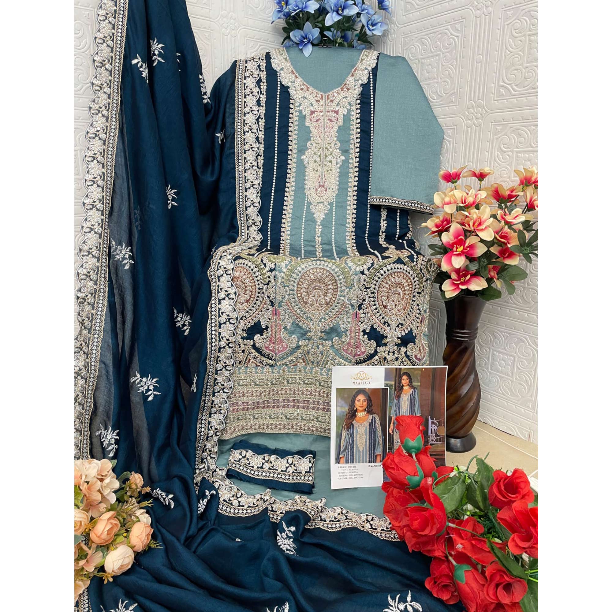 Sky Blue Floral Embroidered Vichitra Silk Semi Stitched Pakistani Suit