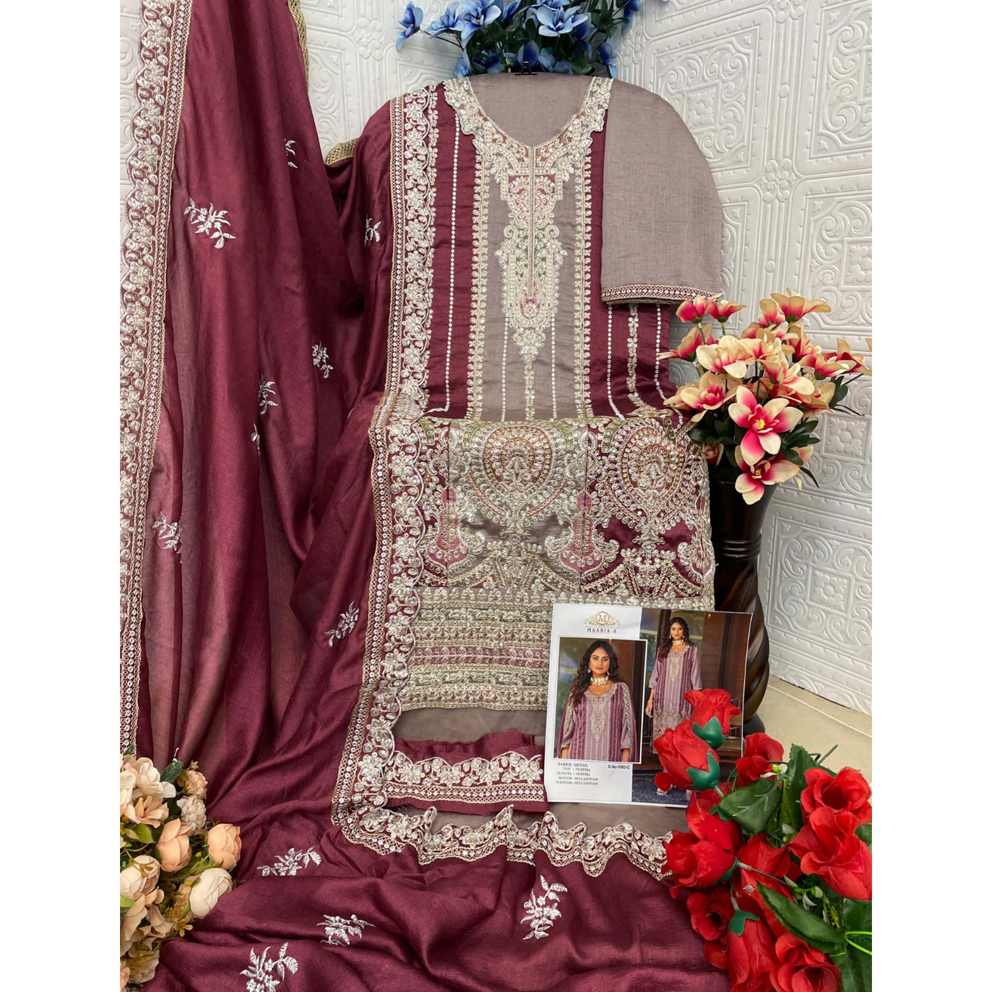 Mauve Floral Embroidered Vichitra Silk Semi Stitched Pakistani Suit