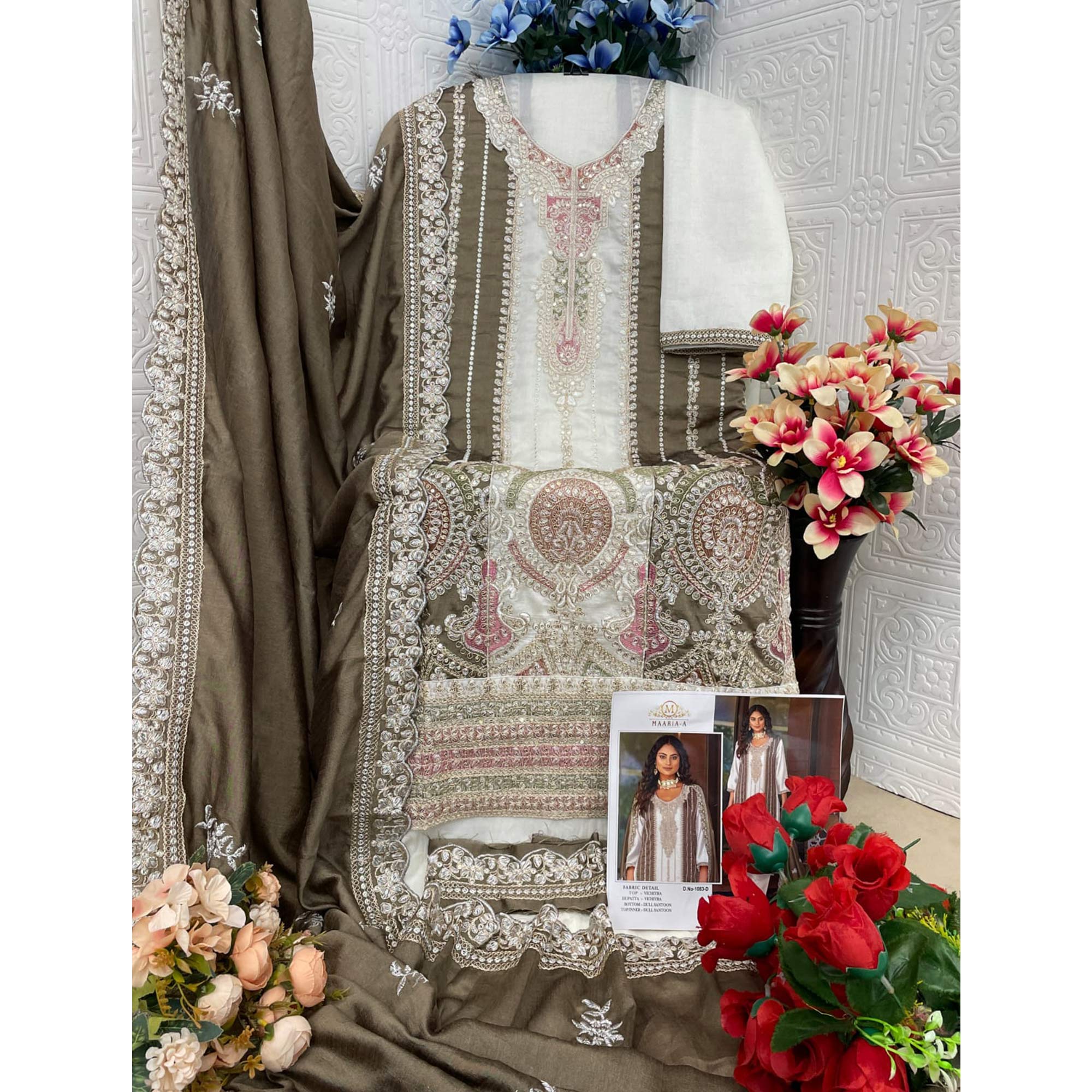 White Floral Embroidered Vichitra Silk Semi Stitched Pakistani Suit