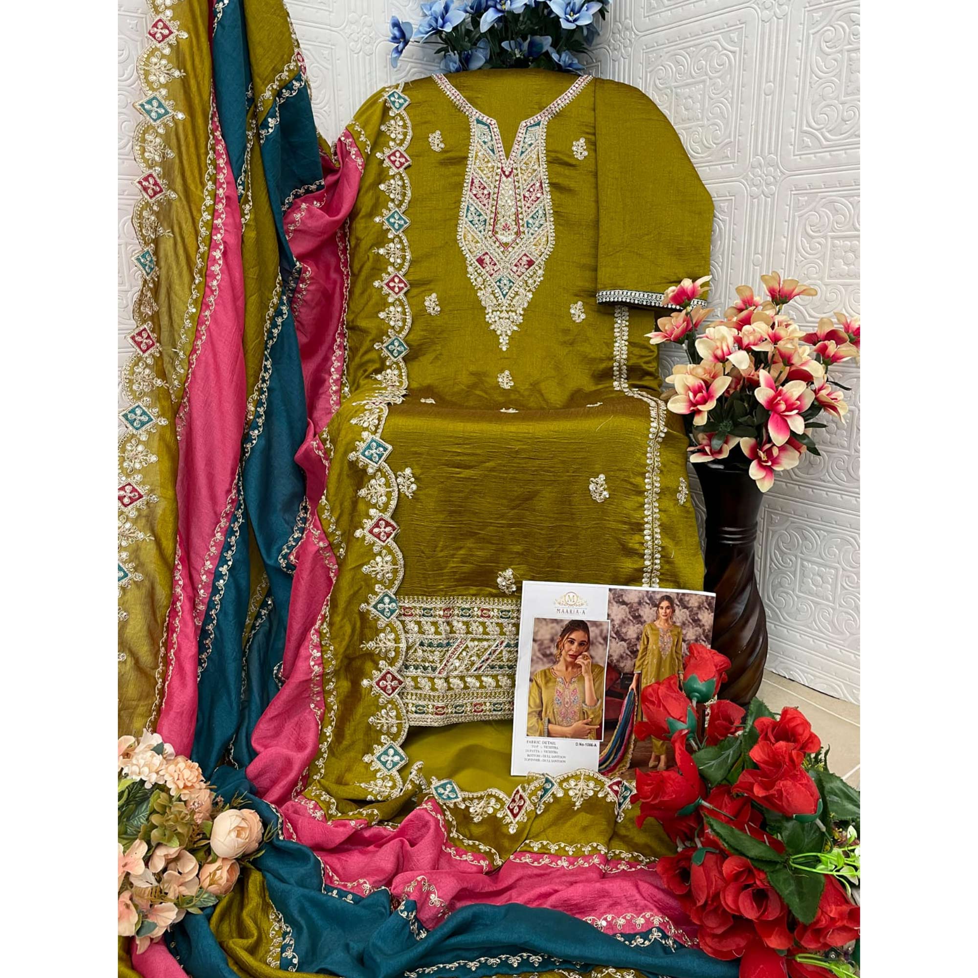 Green Floral Embroidered Vichitra Silk Semi Stitched Pakistani Dress Material