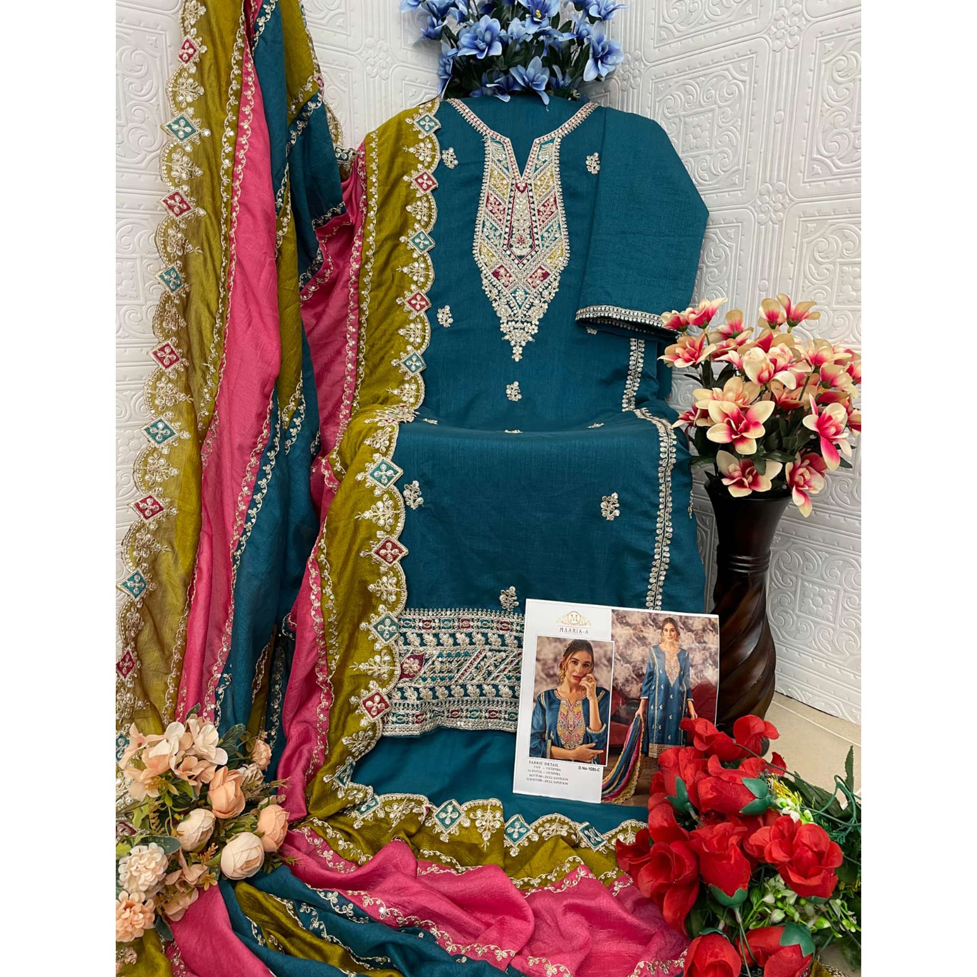 Morpich Floral Embroidered Vichitra Silk Semi Stitched Pakistani Dress Material