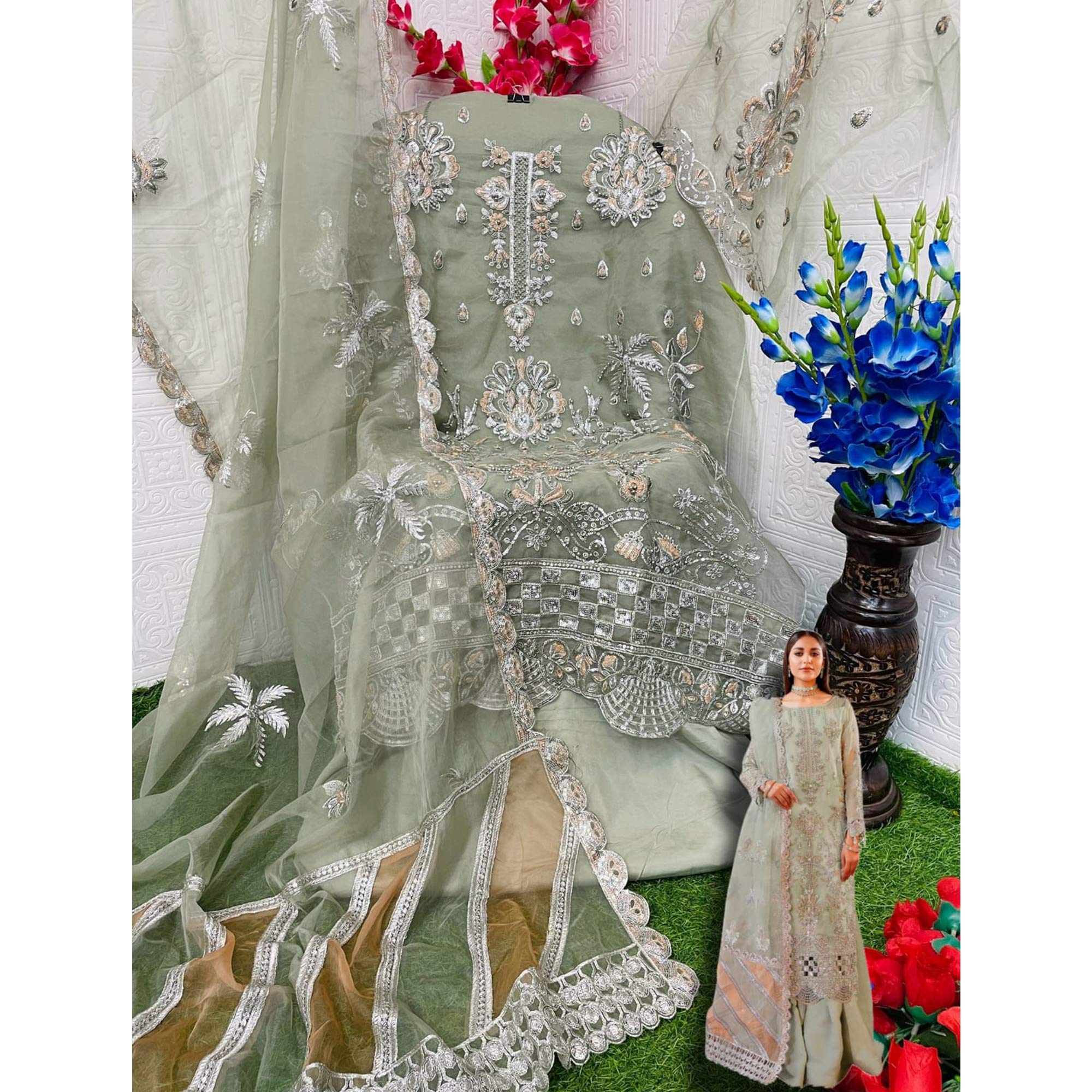 Green Floral Sequins Embroidered Organza Semi Stitched Pakistani Suit