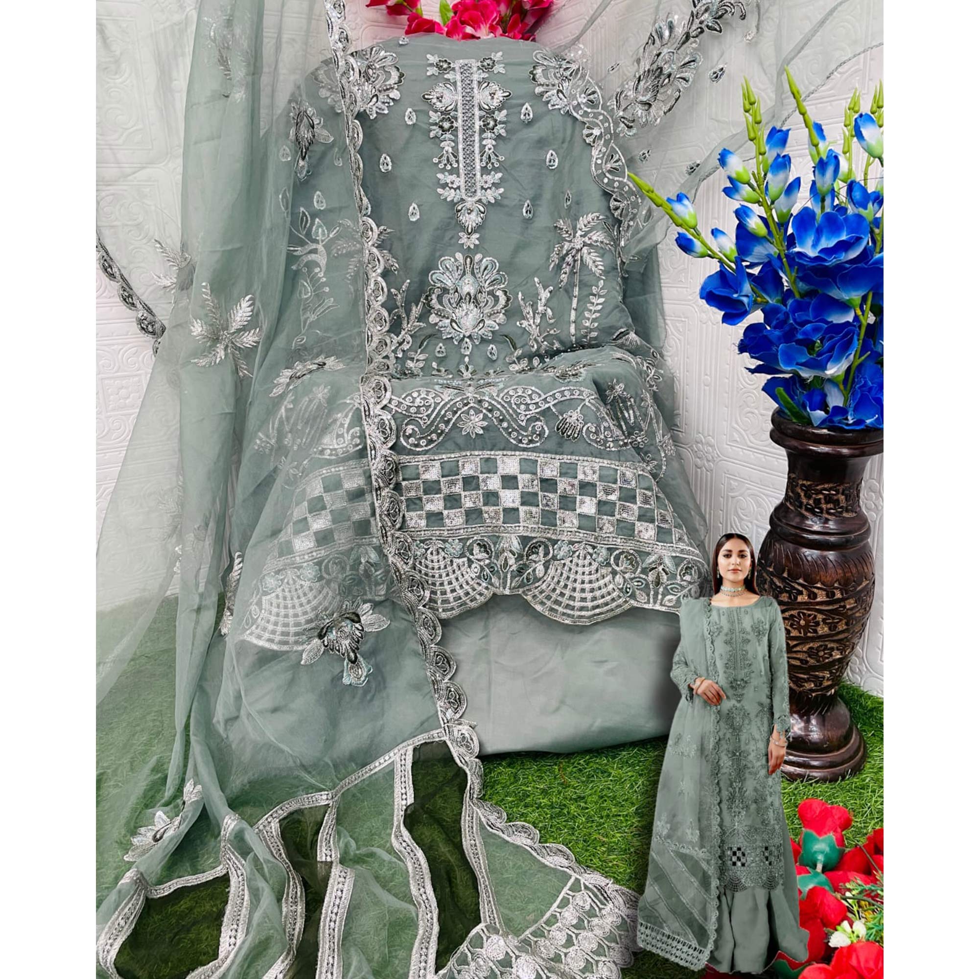 Dusty Green Floral Sequins Embroidered Organza Semi Stitched Pakistani Suit