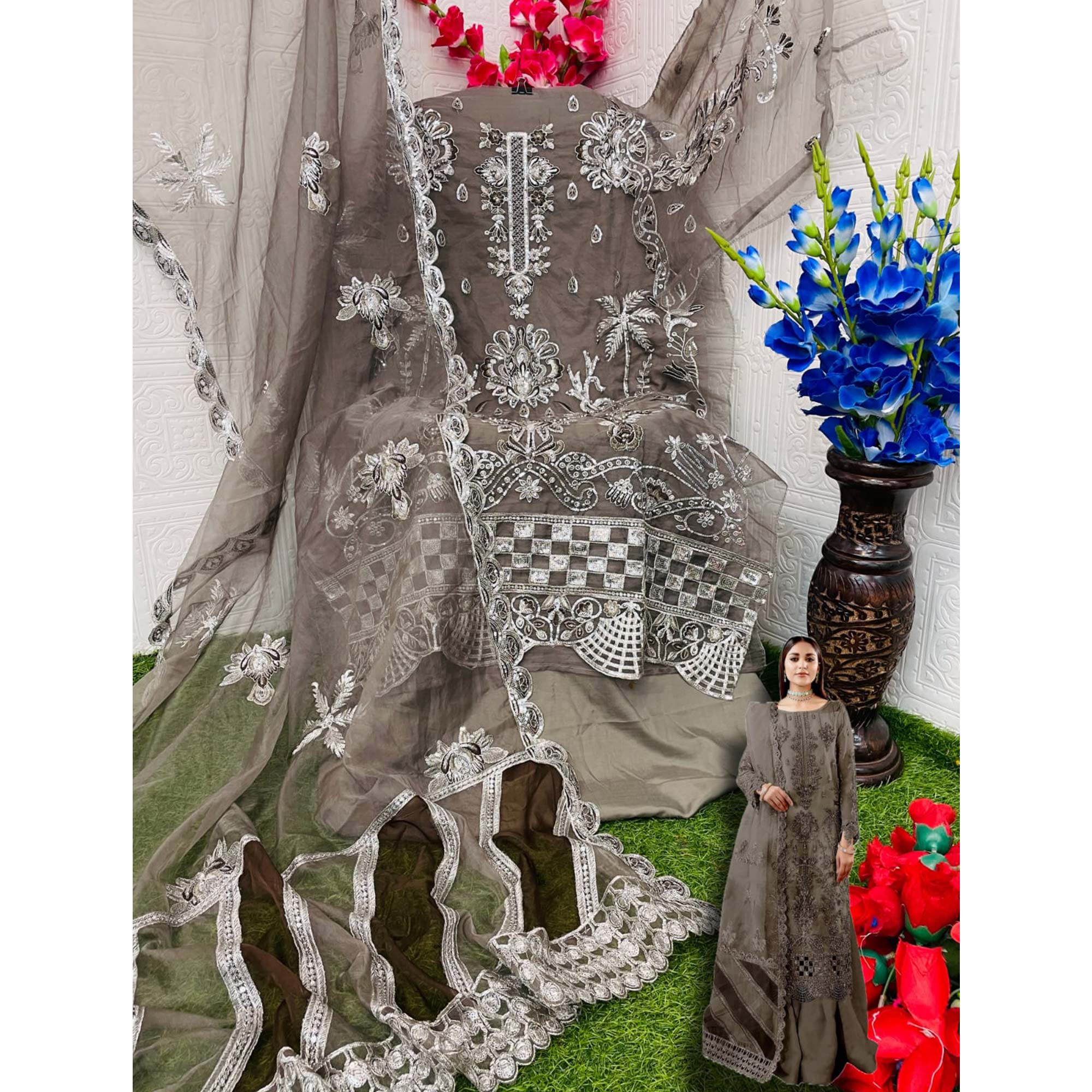 Grey Floral Sequins Embroidered Organza Semi Stitched Pakistani Suit