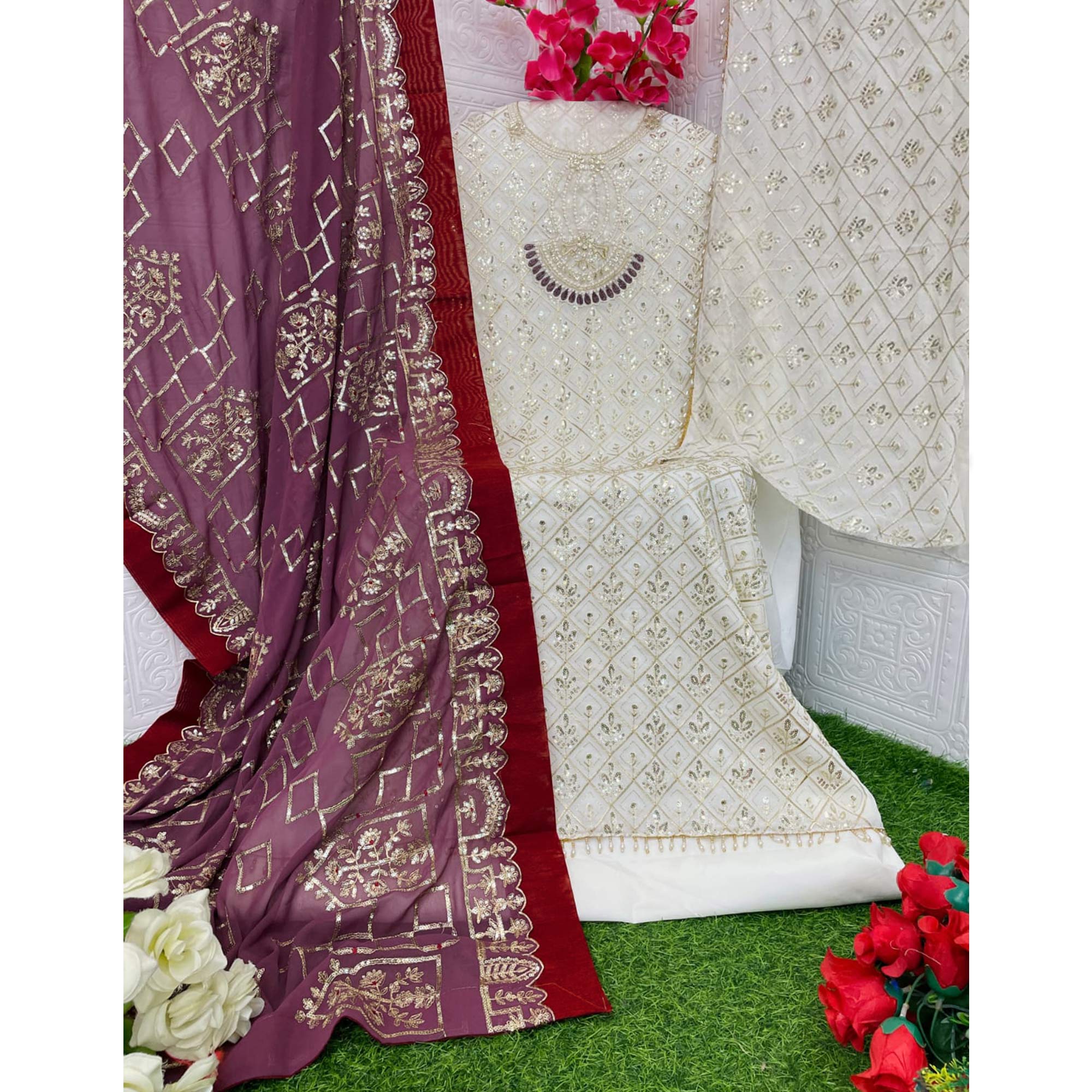 Off White Floral Embroidered Georgette Semi Stitched Pakistani Suit