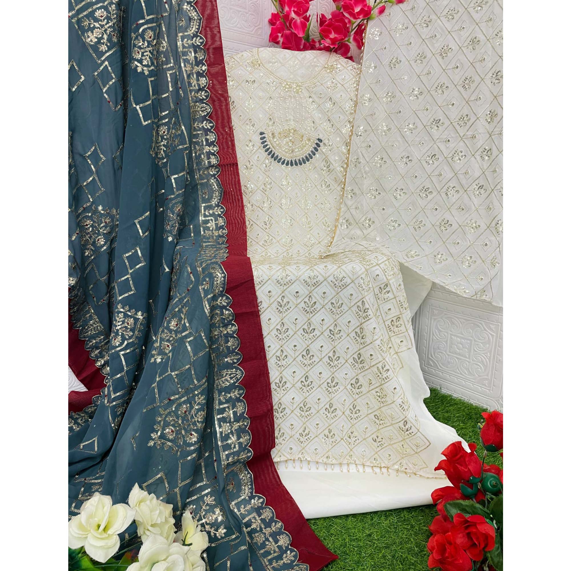 Off White Floral Embroidered Georgette Semi Stitched Pakistani Suit