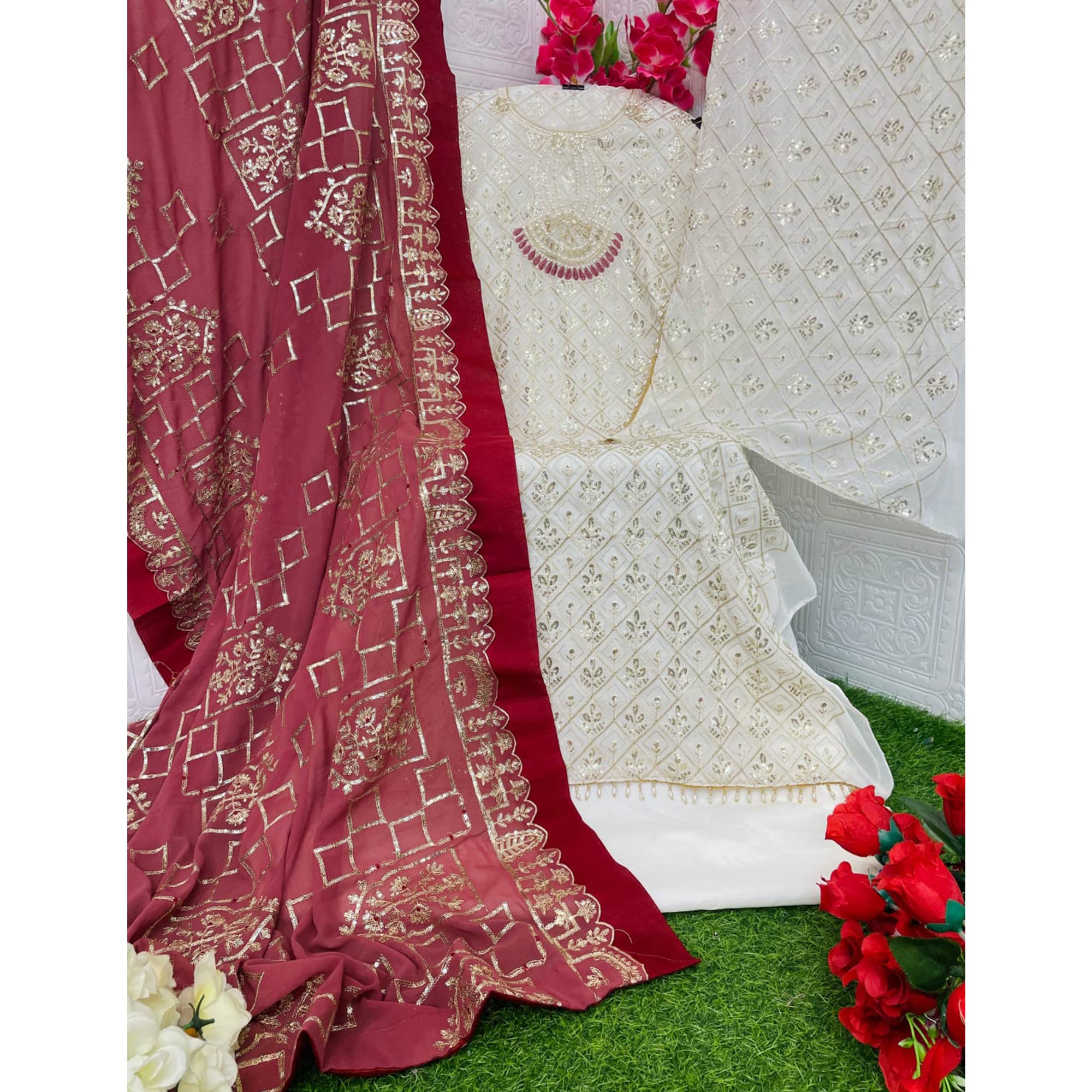 Off White Floral Embroidered Georgette Semi Stitched Pakistani Suit