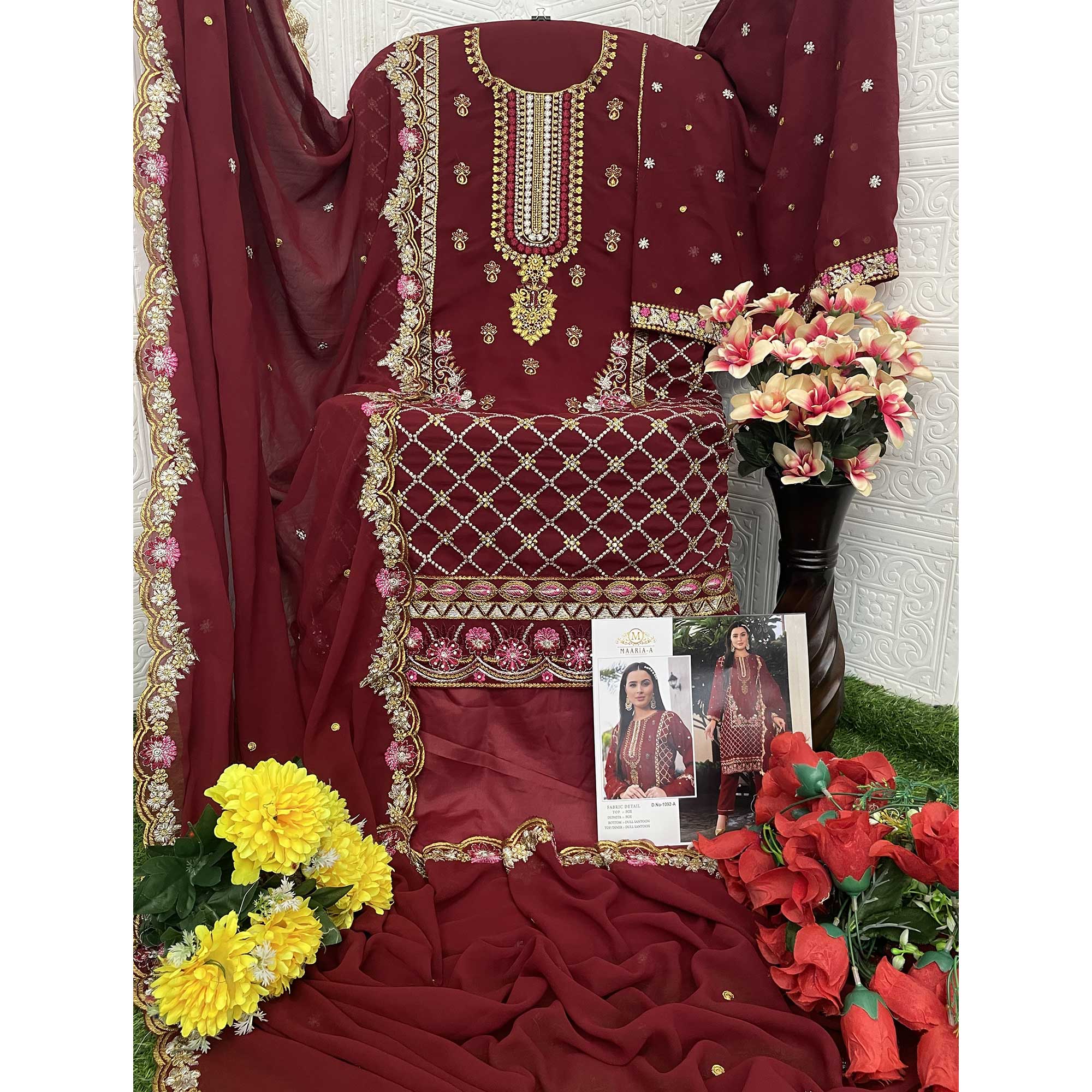 Maroon Floral Sequins Embroidered Georgette Semi Stitched Pakistani Suit