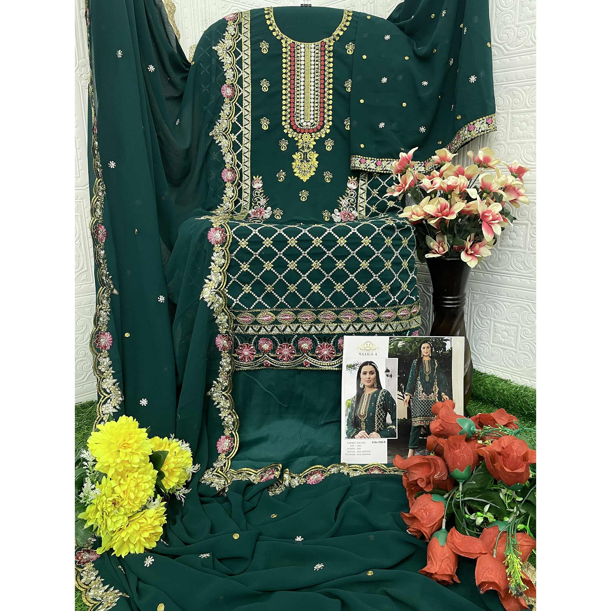 Green Floral Sequins Embroidered Georgette Semi Stitched Pakistani Suit