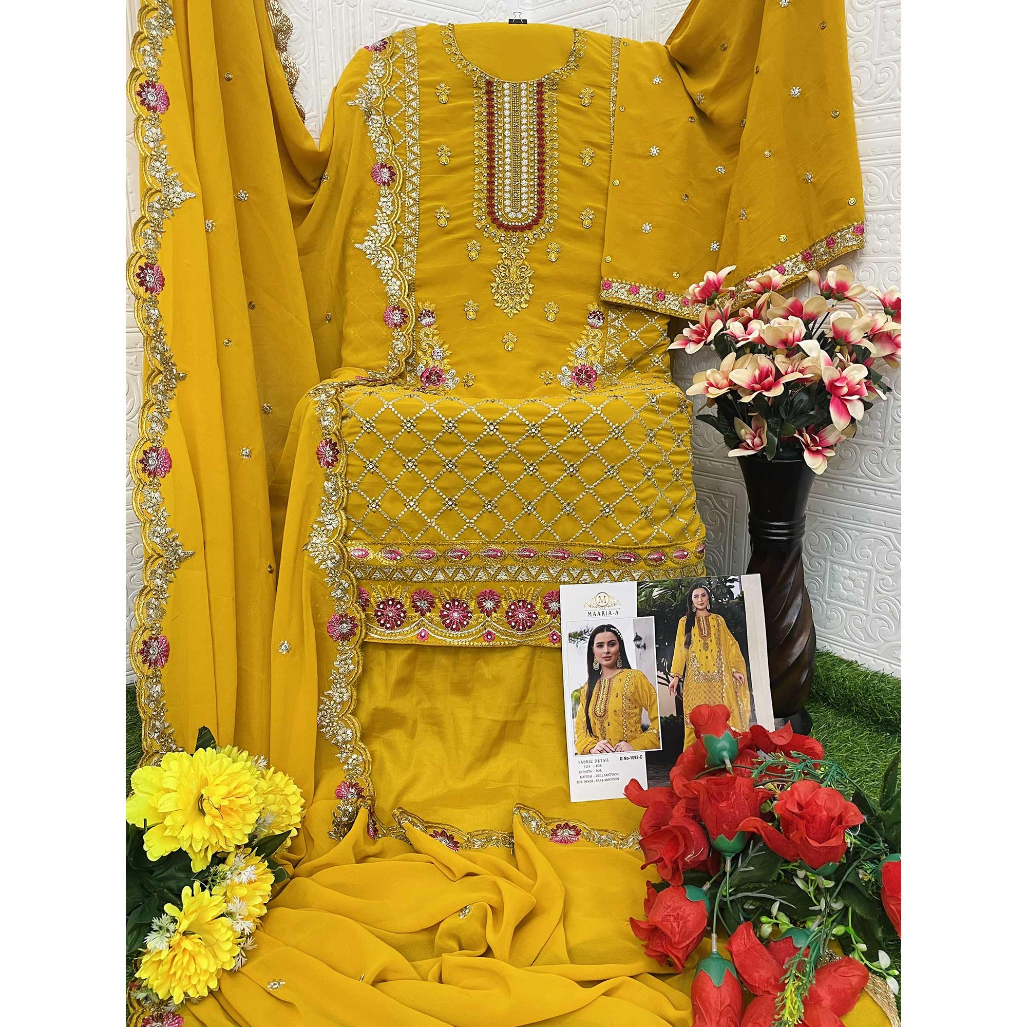 Yellow Floral Sequins Embroidered Georgette Semi Stitched Pakistani Suit