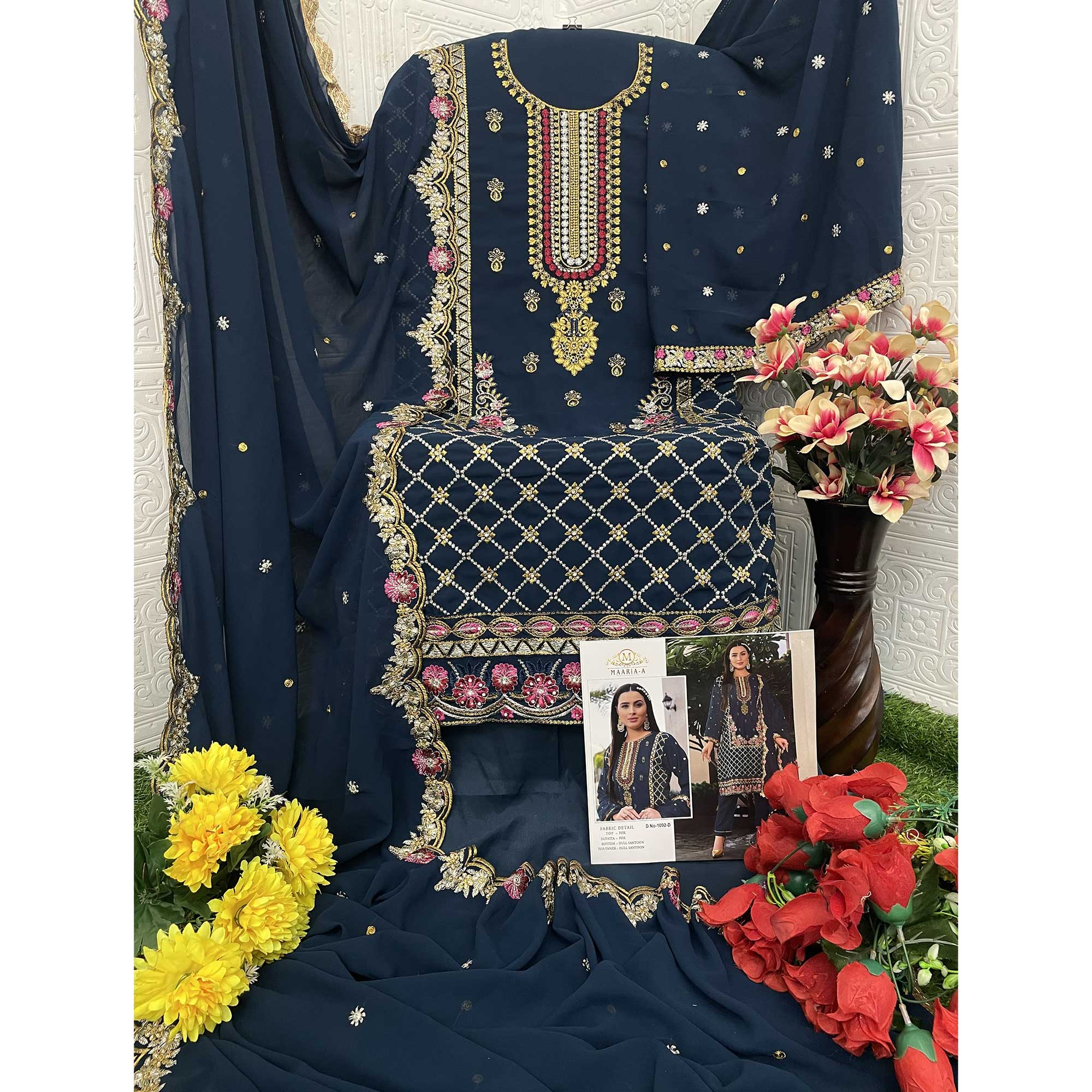 Blue Floral Sequins Embroidered Georgette Semi Stitched Pakistani Suit