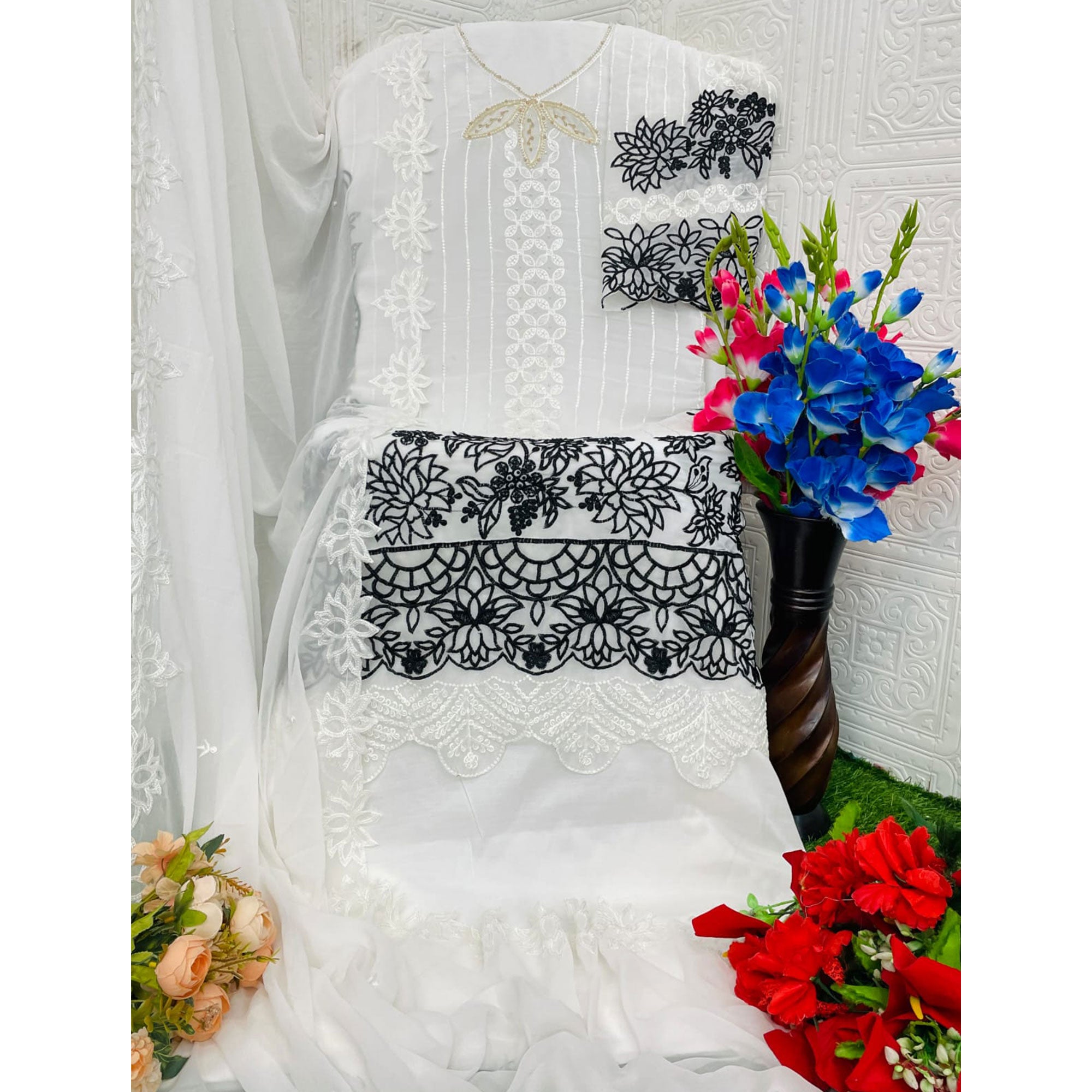 White Floral Embroidered Georgette Semi Stitched Pakistani Dress Material