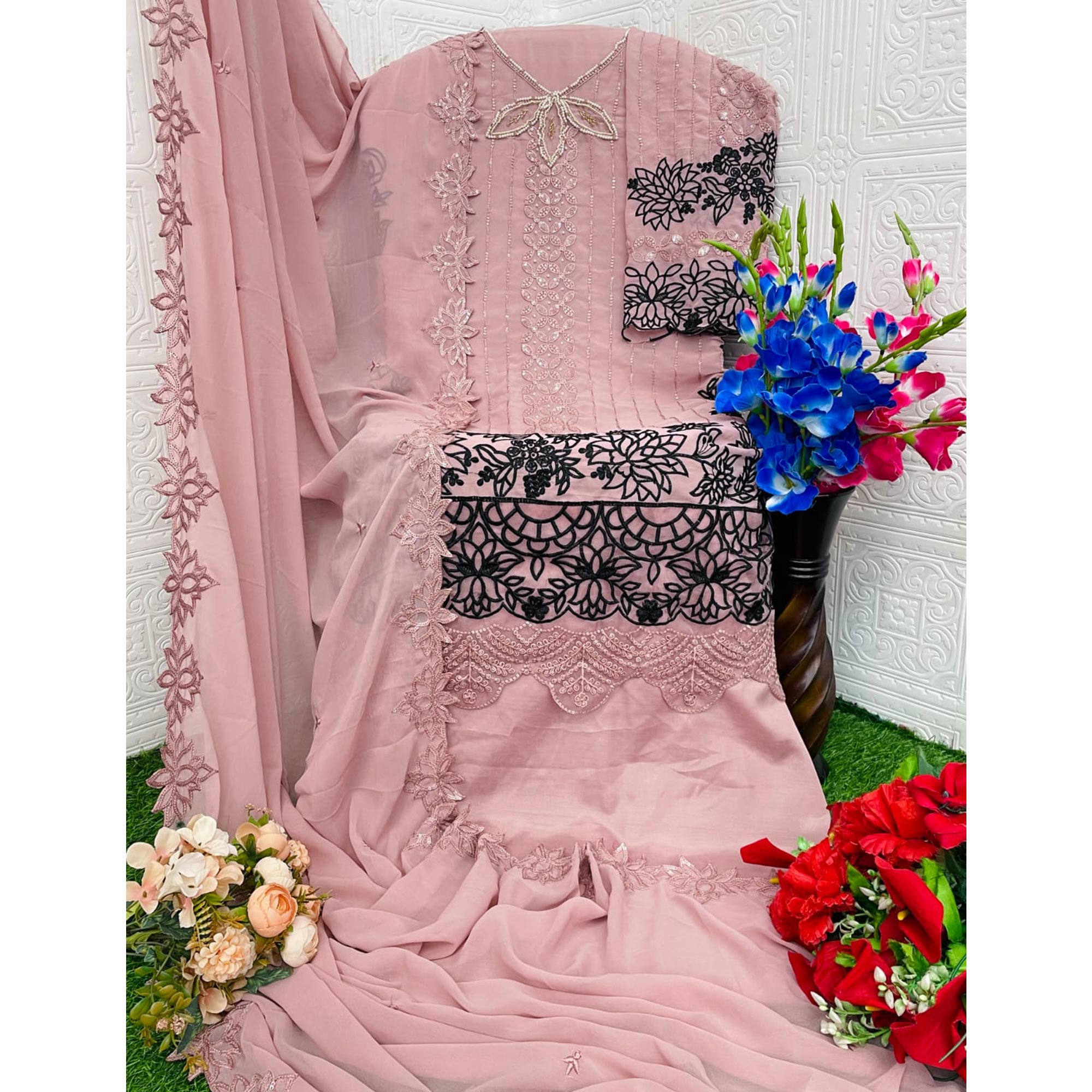 Pink Floral Embroidered Georgette Semi Stitched Pakistani Dress Material