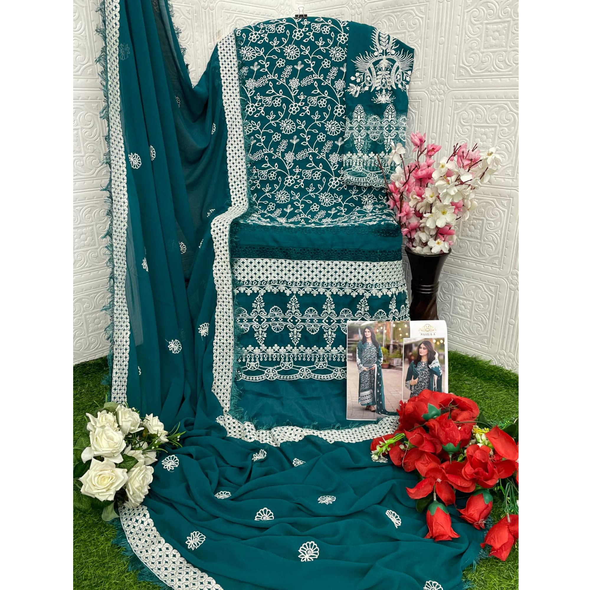 Teal Floral Embroidered Georgette Semi Stitched Pakistani Suit